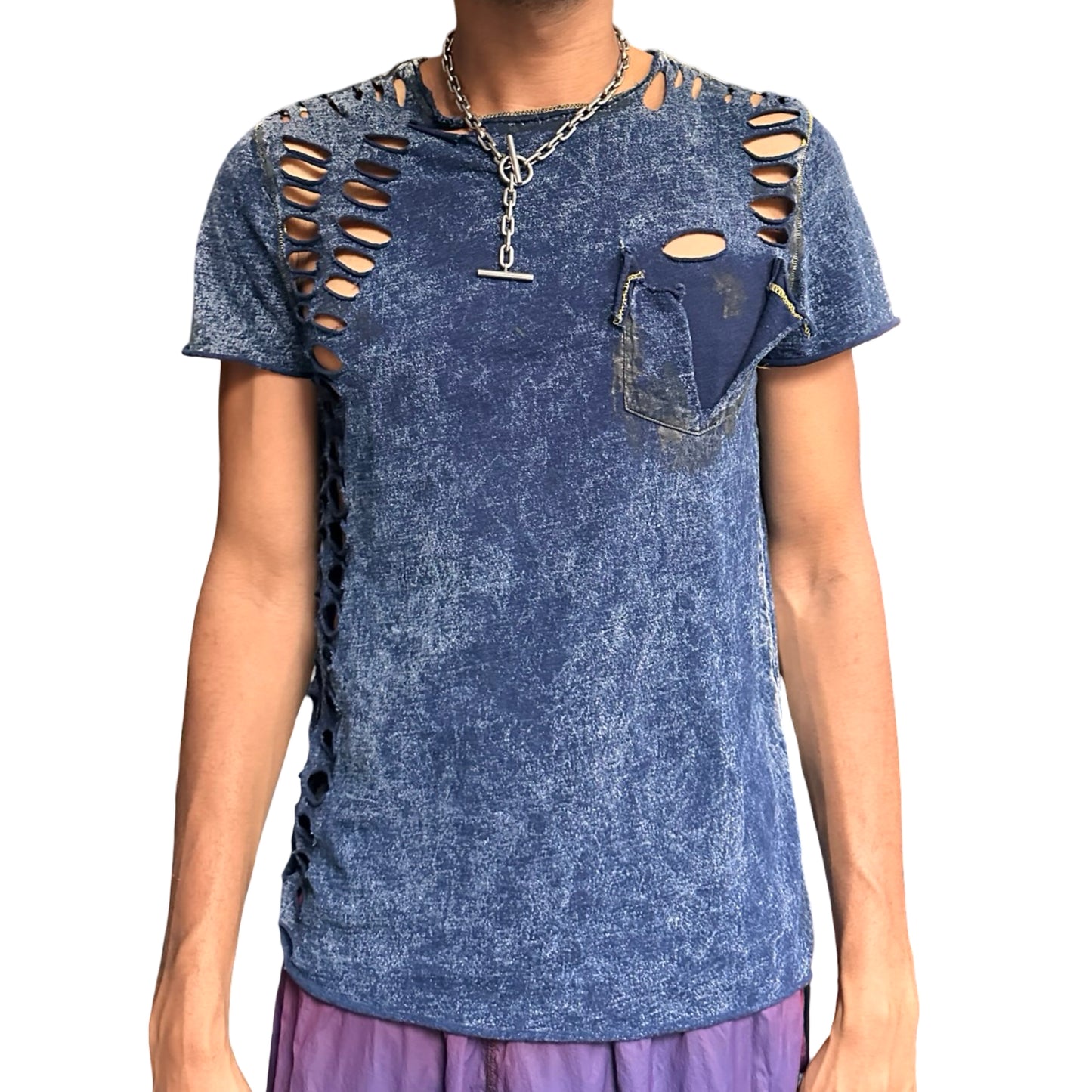 ASTROBOI* Blue Acid Washed Deconstructed Ripped T-Shirt - front 2