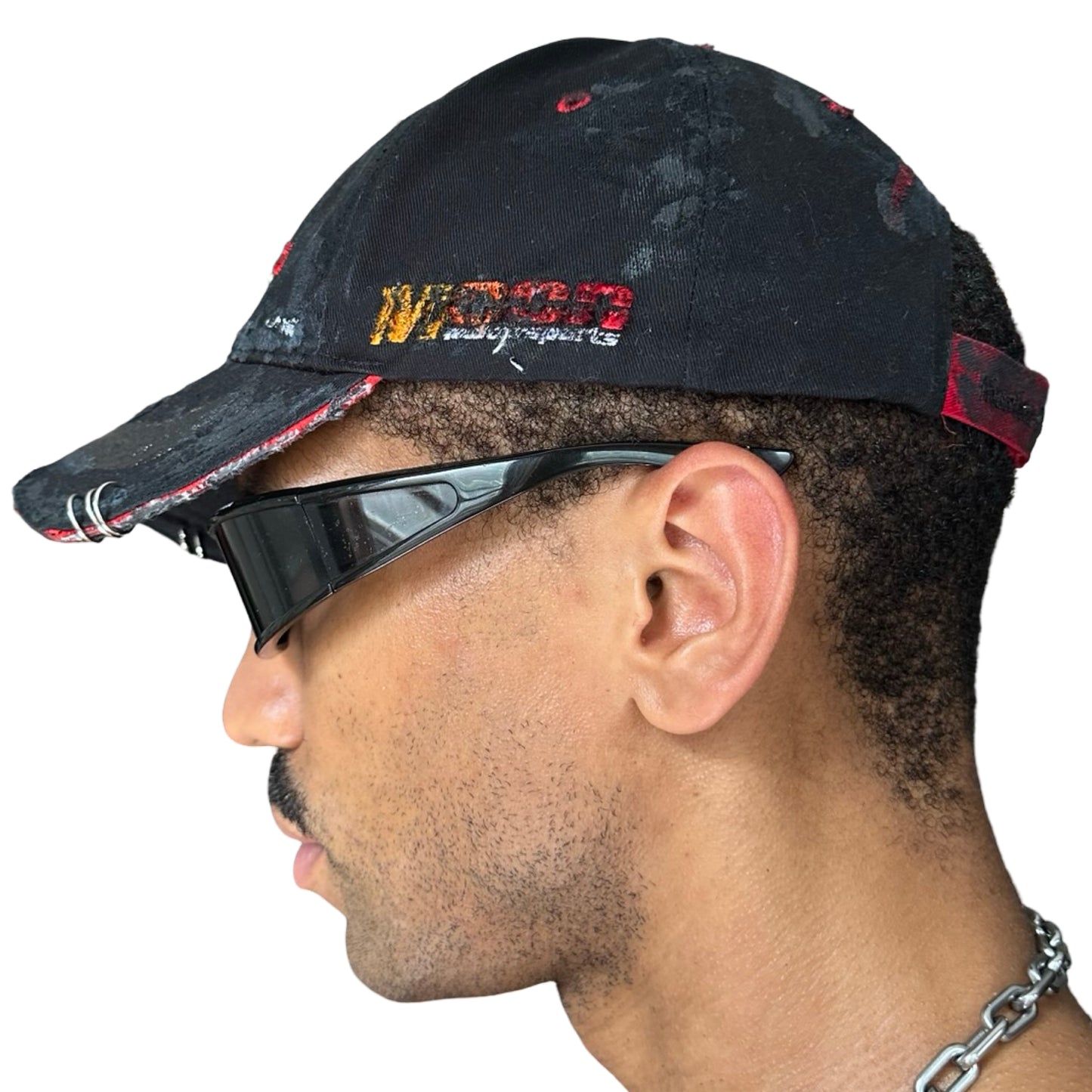 ASTROBOI* x Kawasaki 'Kink' Black Pierced Distressed Hat - left