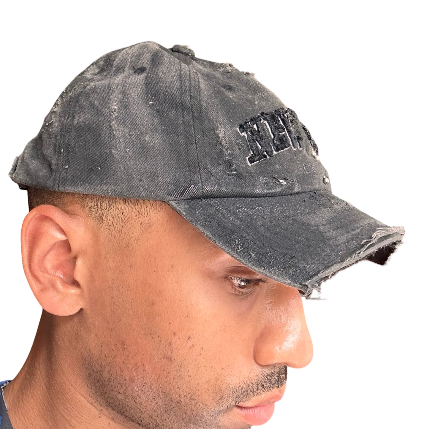 ASTROBOI* 'Kinky' New York Black Distressed Pierced Half Visor Hat - left