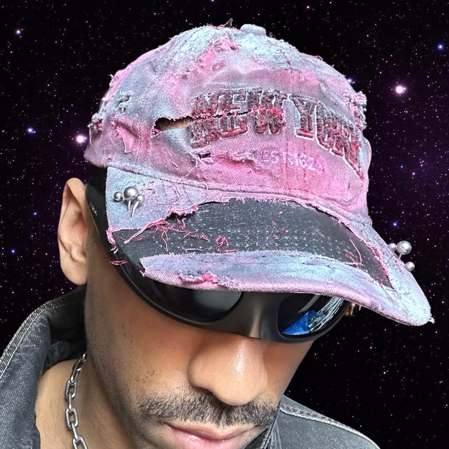 ASTROBOI* 'Burn Out' Red New York Pierced Distressed Hat
