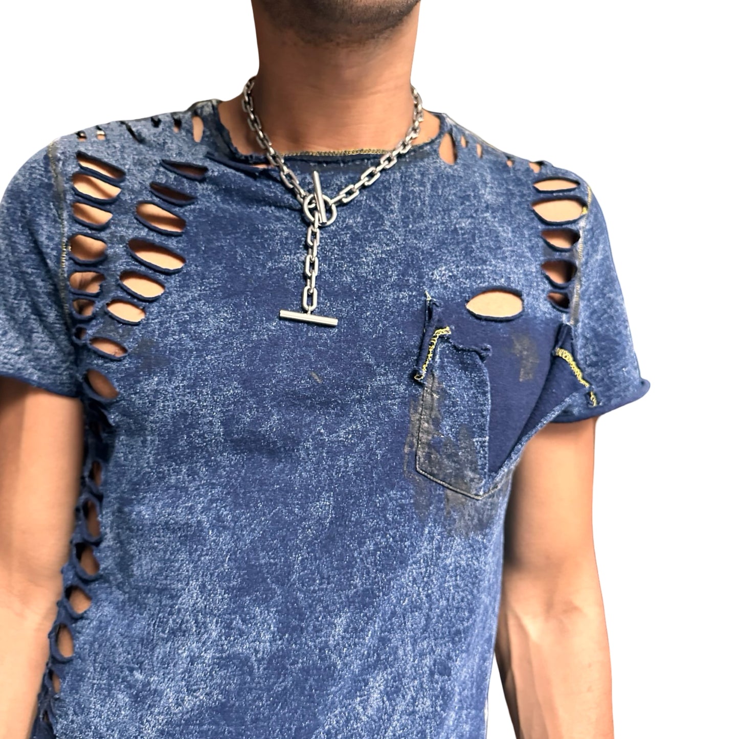 ASTROBOI* Blue Acid Washed Deconstructed Ripped T-Shirt -front close up