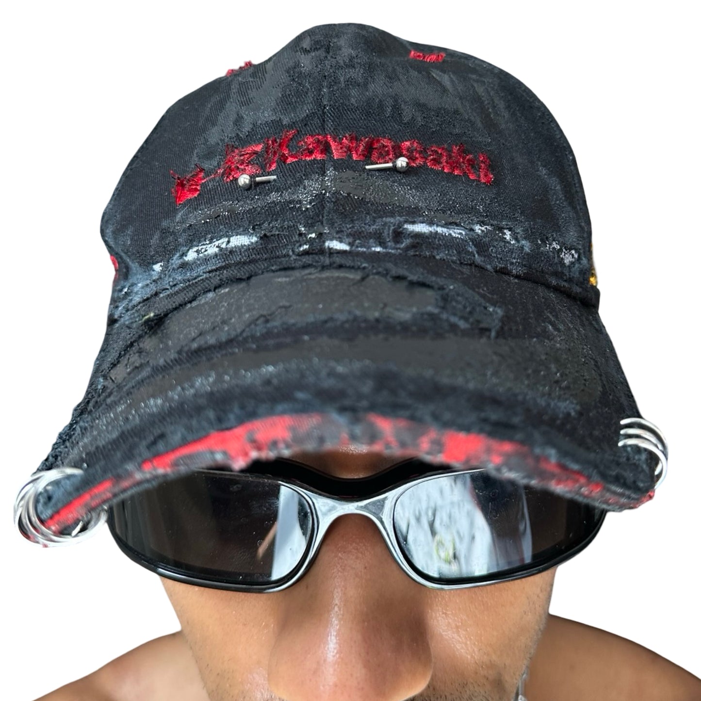 ASTROBOI* x Kawasaki 'Kink' Black Pierced Distressed Hat - front 2
