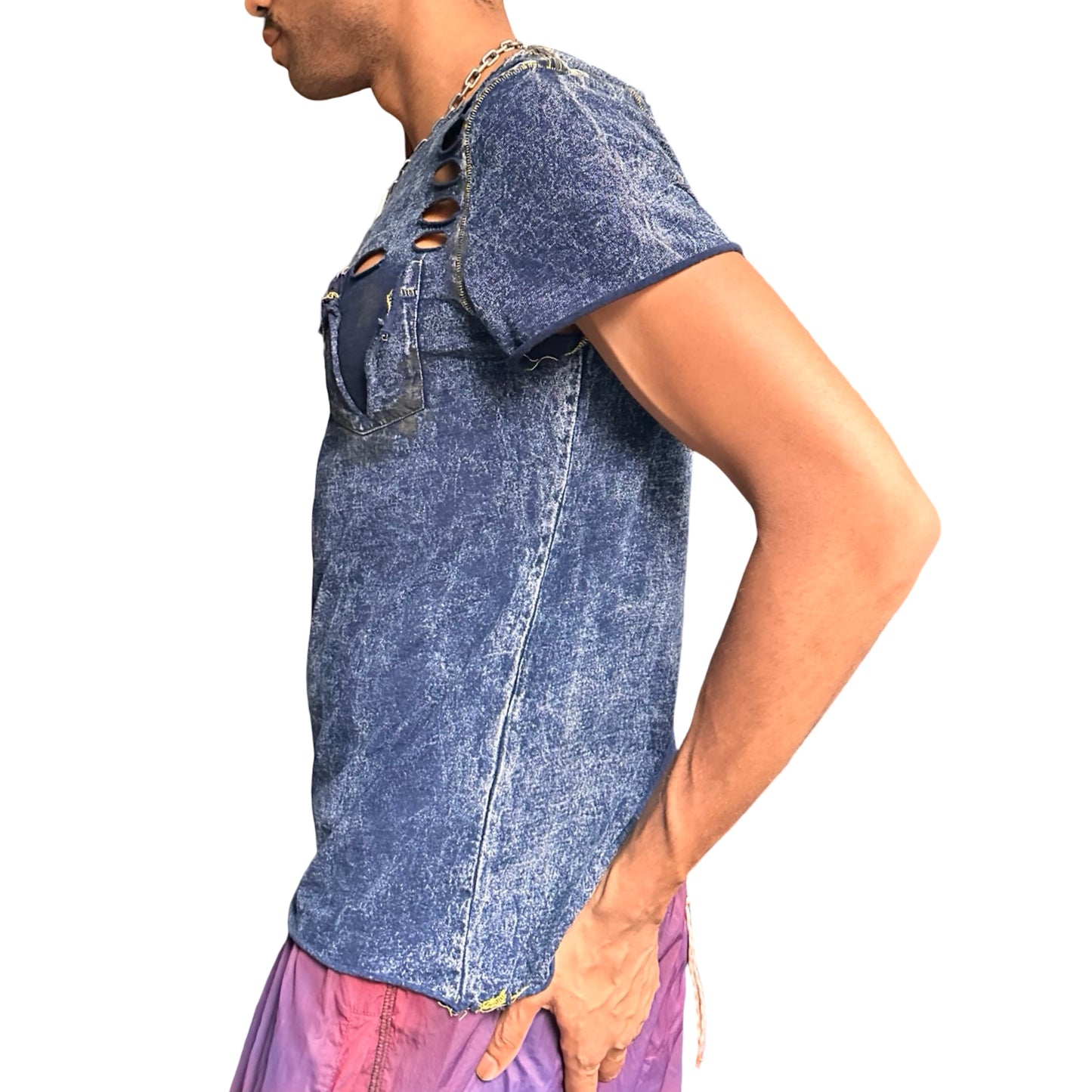 ASTROBOI* Blue Acid Washed Deconstructed Ripped T-Shirt - left
