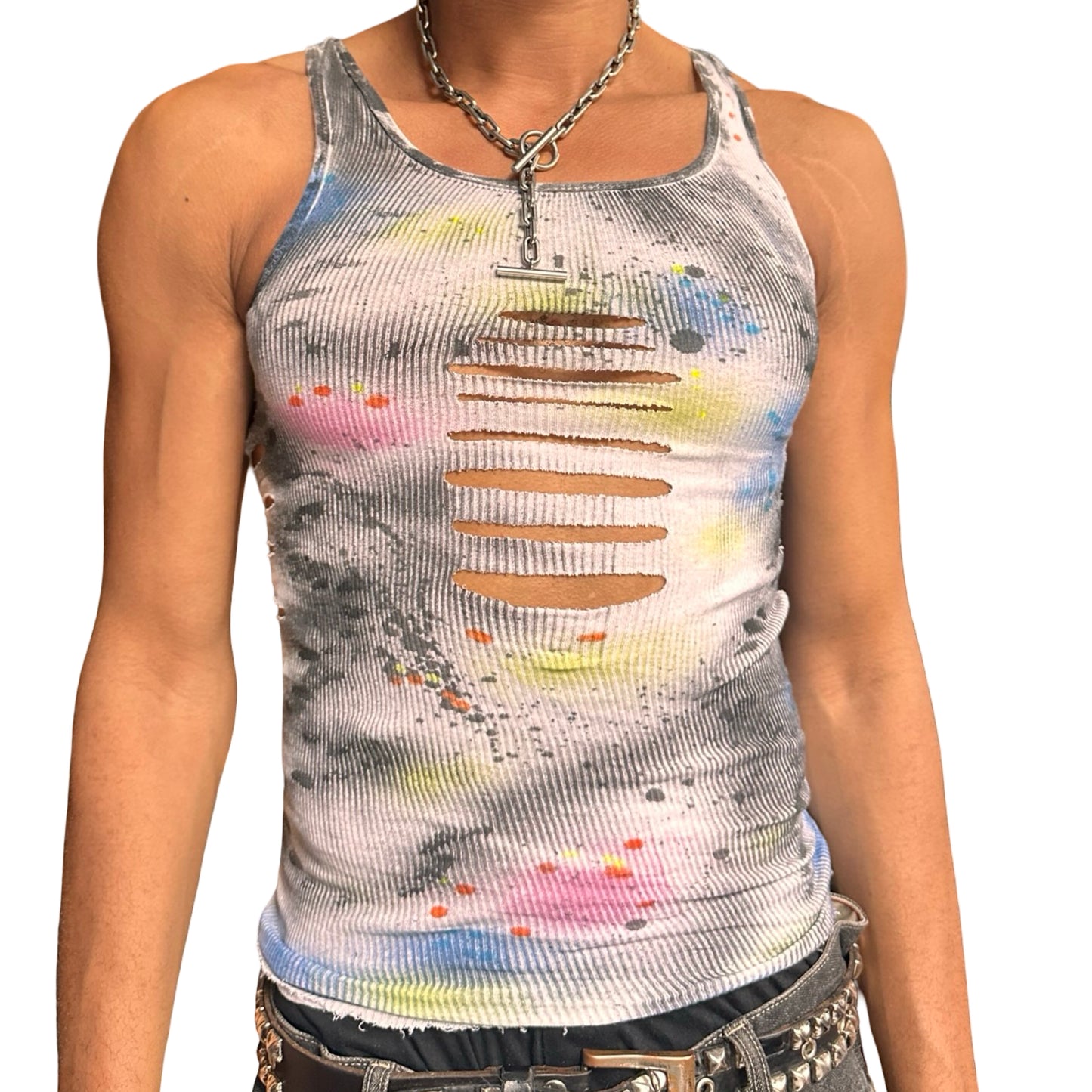 ASTROBOI* x Hanes 'HEAVEN' White Ribbed Pink/Yellow/Black/Blue Graphic Print Tank Top – front