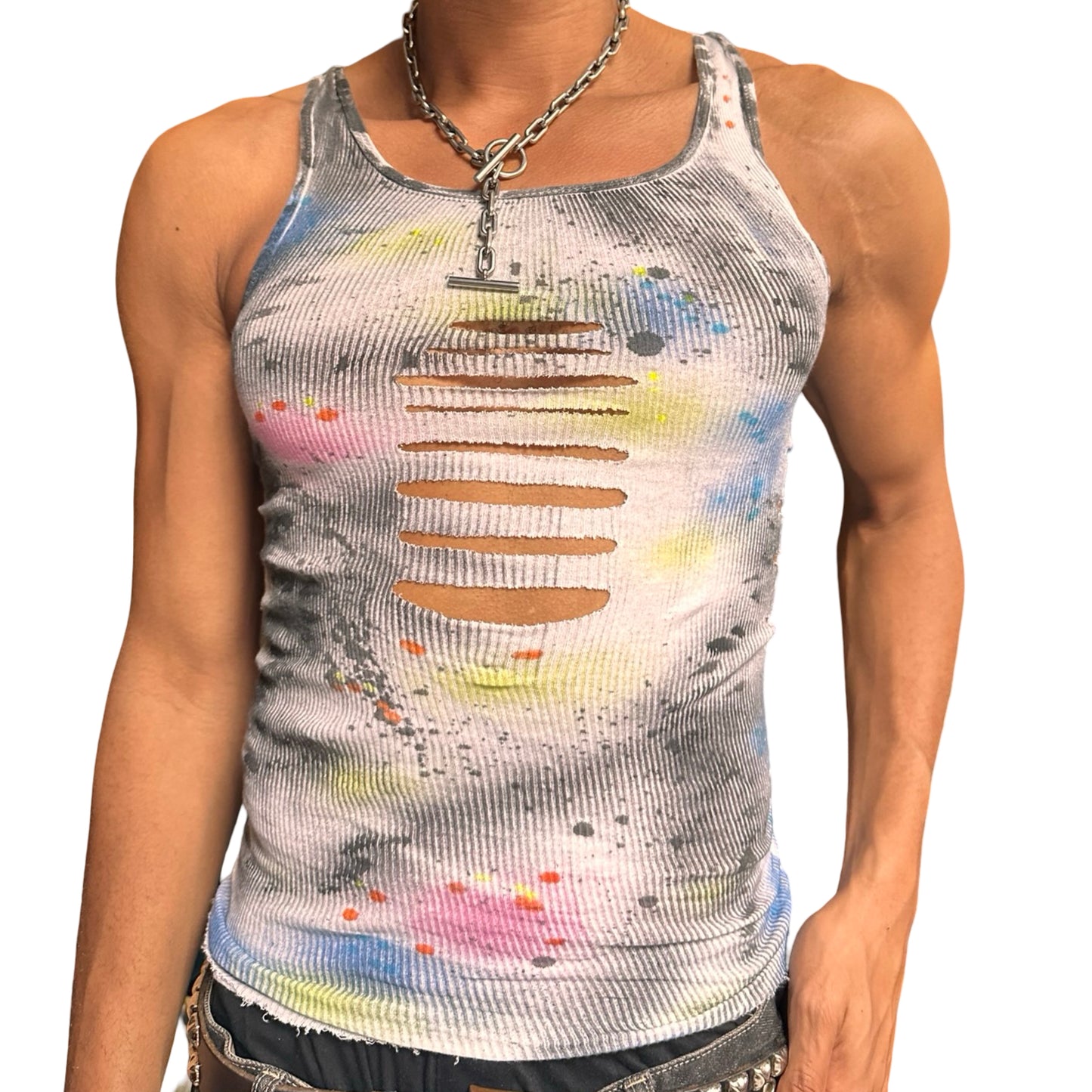 ASTROBOI* x Hanes 'HEAVEN' White Ribbed Pink/Yellow/Black/Blue Graphic Print Tank Top – front 2