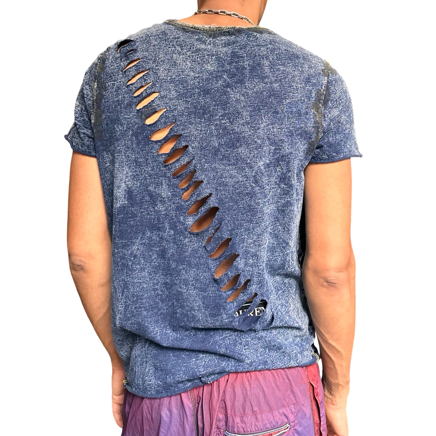 ASTROBOI* Blue Acid Washed Deconstructed Ripped T-Shirt - back