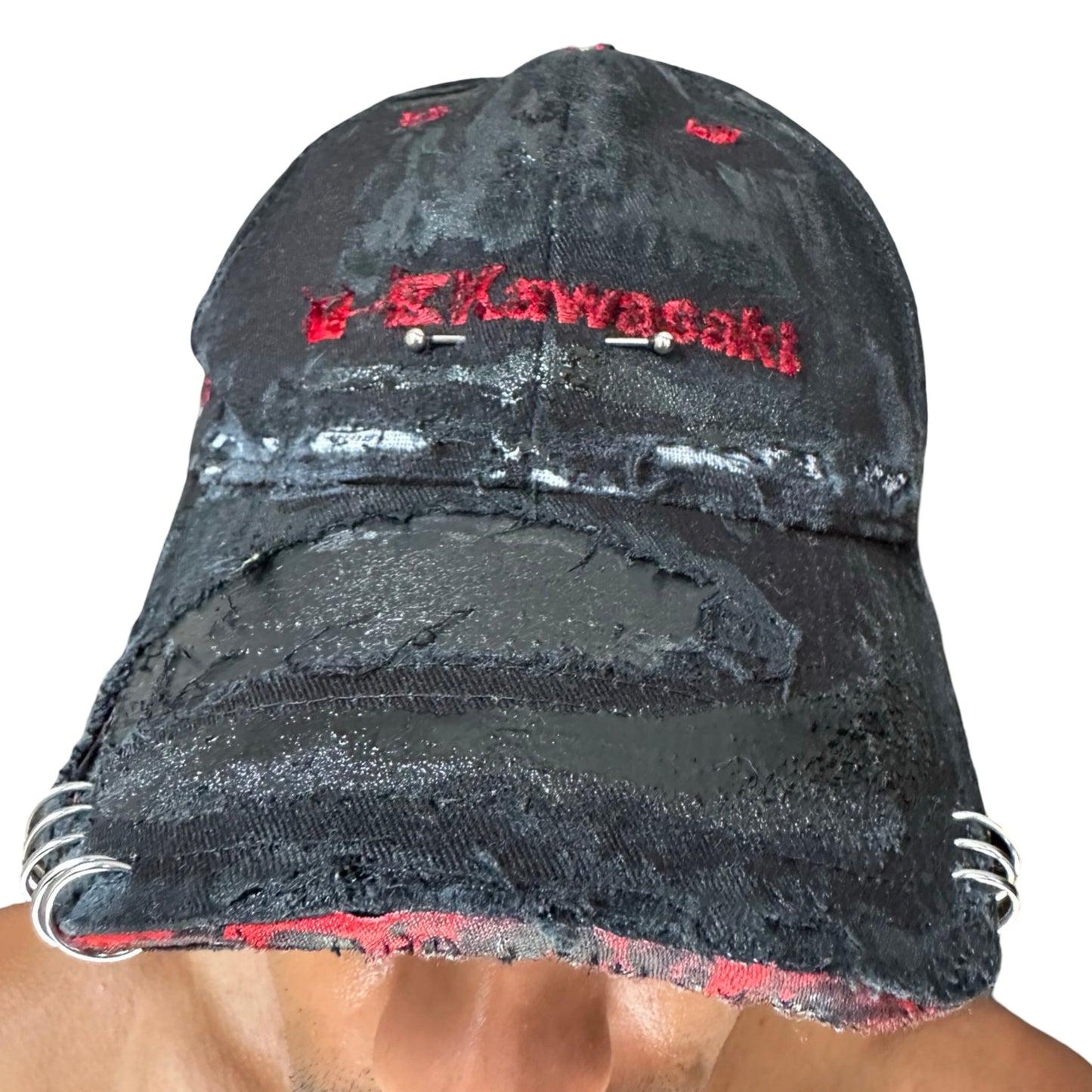 ASTROBOI* x Kawasaki 'Kink' Black Pierced Distressed Hat - front 3