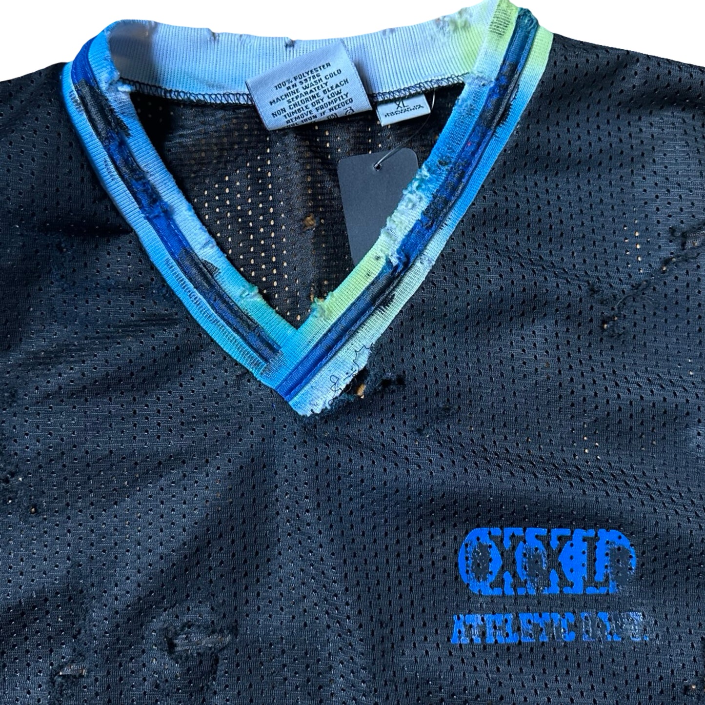 ASTROBOI* XXL Black & Blue Distressed Mesh Grunge Jersey - neckline