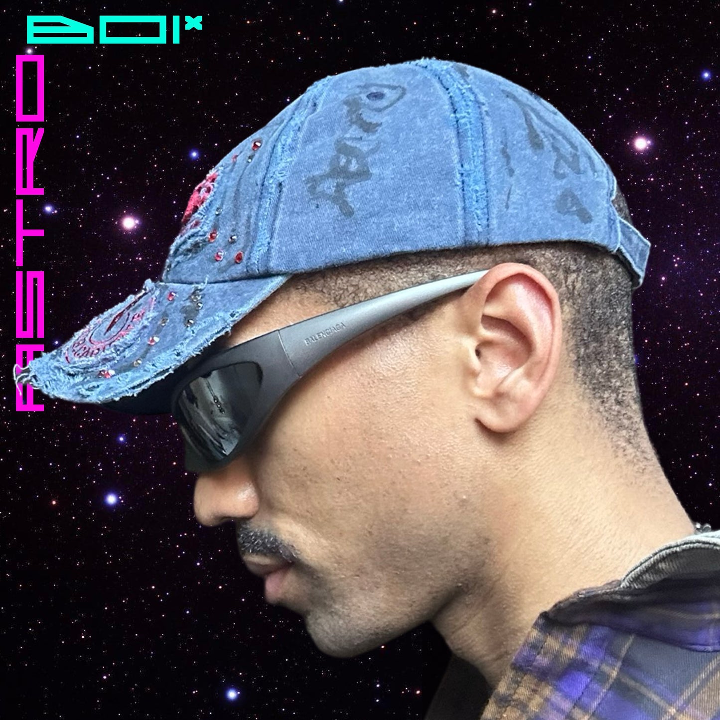 ASTROBOI* 'Lights of Paris' Blue Rhinestone Baseball Graffiti Hat