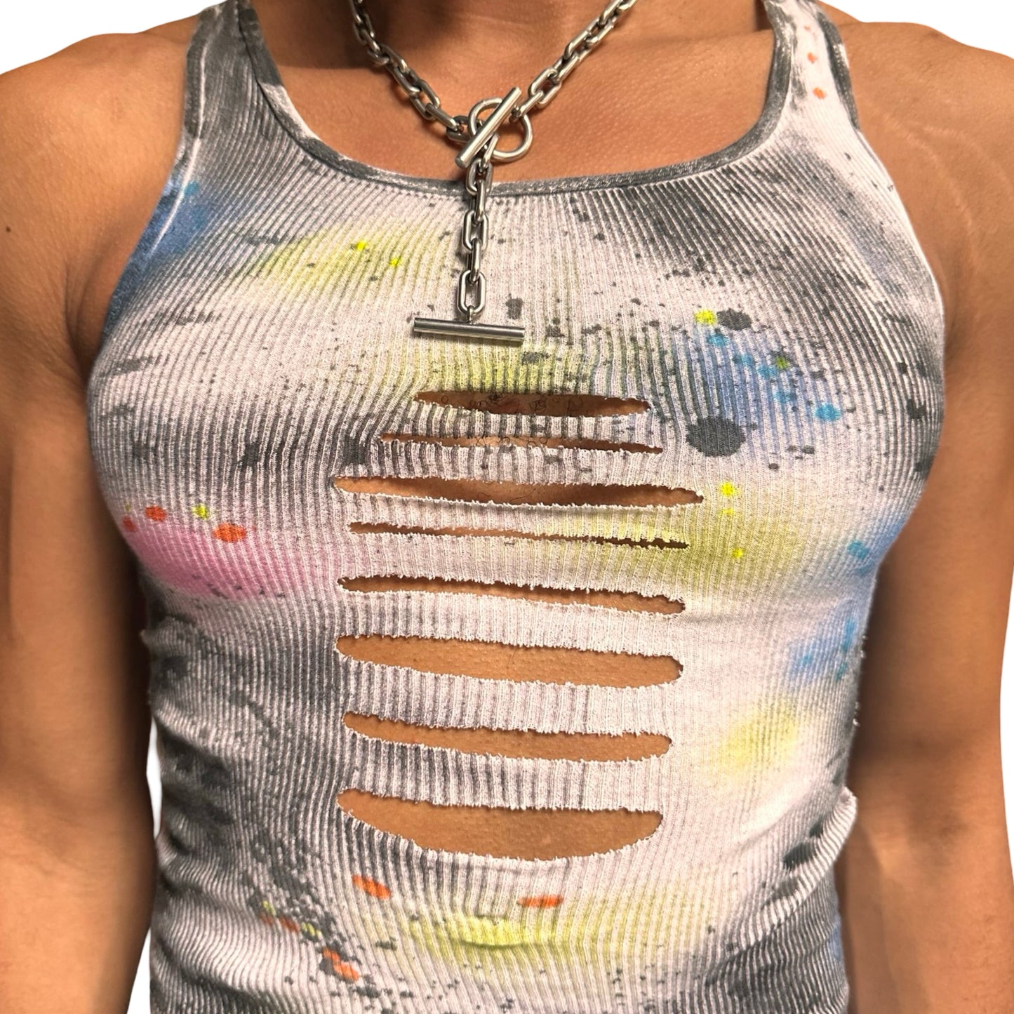ASTROBOI* x Hanes 'HEAVEN' White Ribbed Pink/Yellow/Black/Blue Graphic Print Tank Top – front detail