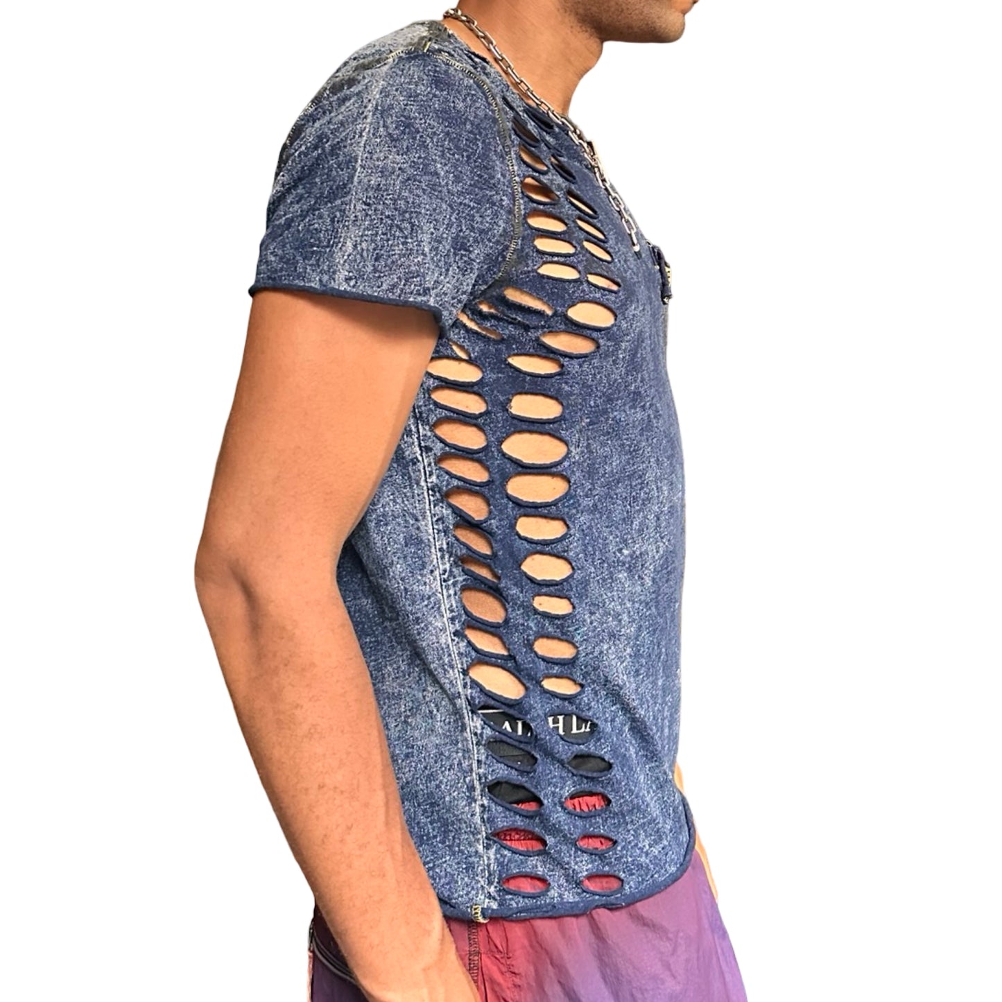 ASTROBOI* Blue Acid Washed Deconstructed Ripped T-Shirt - right