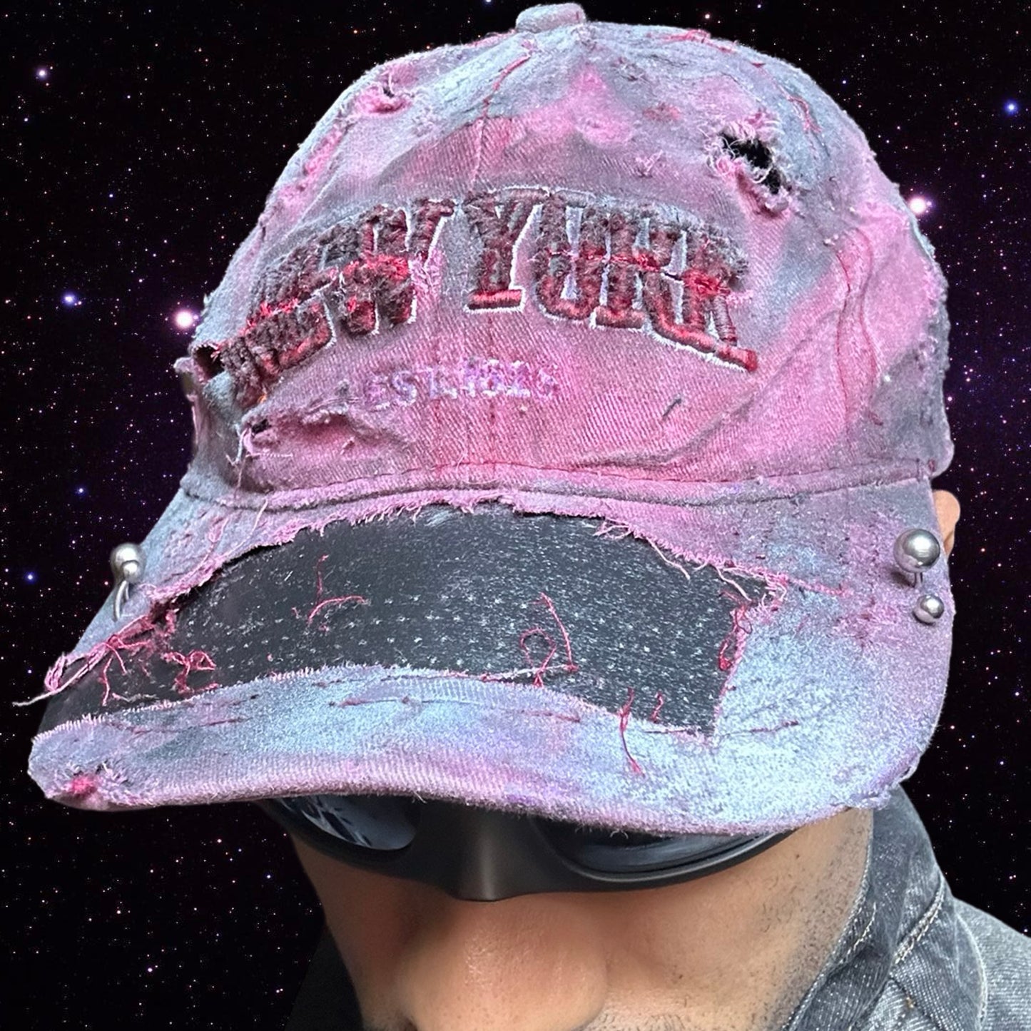 ASTROBOI* 'Burn Out' Red New York Pierced Distressed Hat