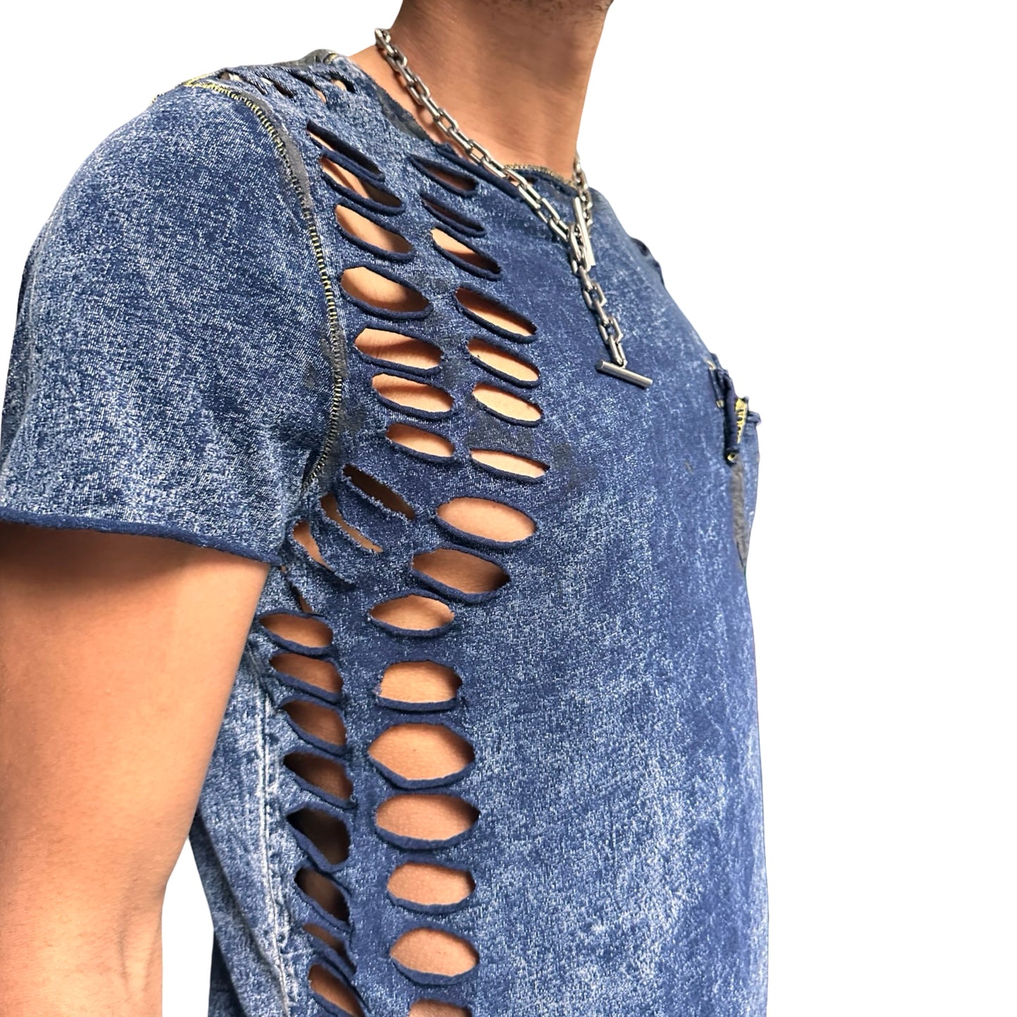 ASTROBOI* Blue Acid Washed Deconstructed Ripped T-Shirt - right close up