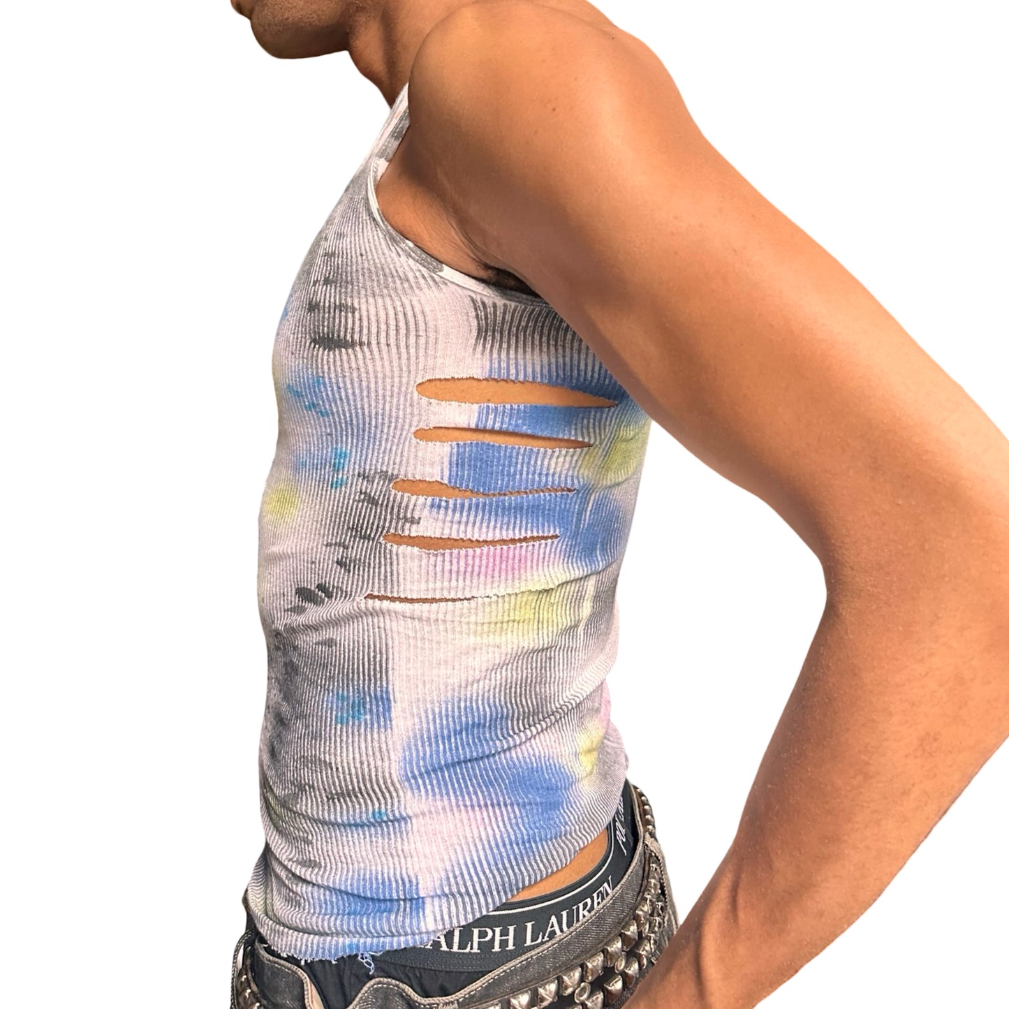 ASTROBOI* x Hanes 'HEAVEN' White Ribbed Pink/Yellow/Black/Blue Graphic Print Tank Top – left