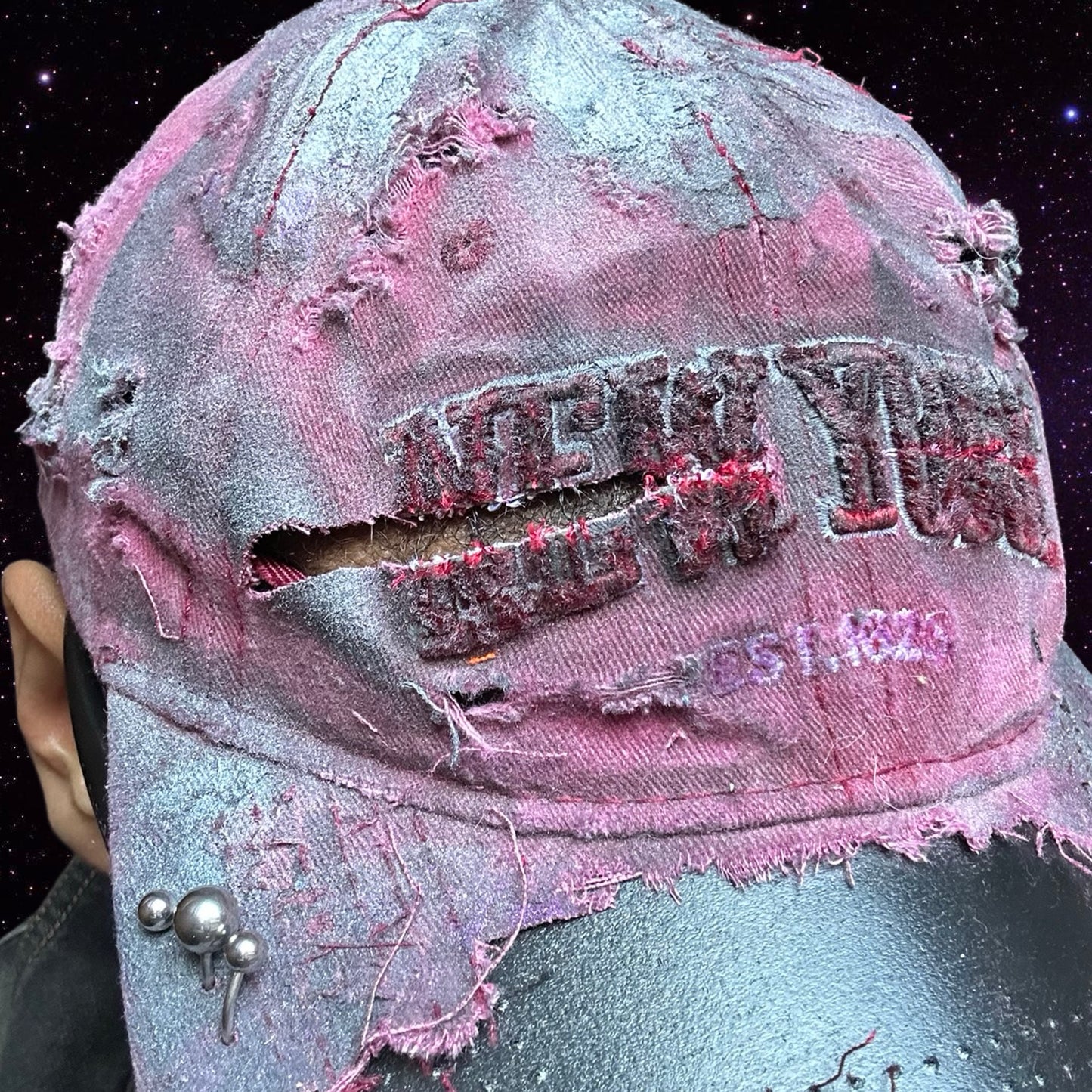 ASTROBOI* 'Burn Out' Red New York Pierced Distressed Hat