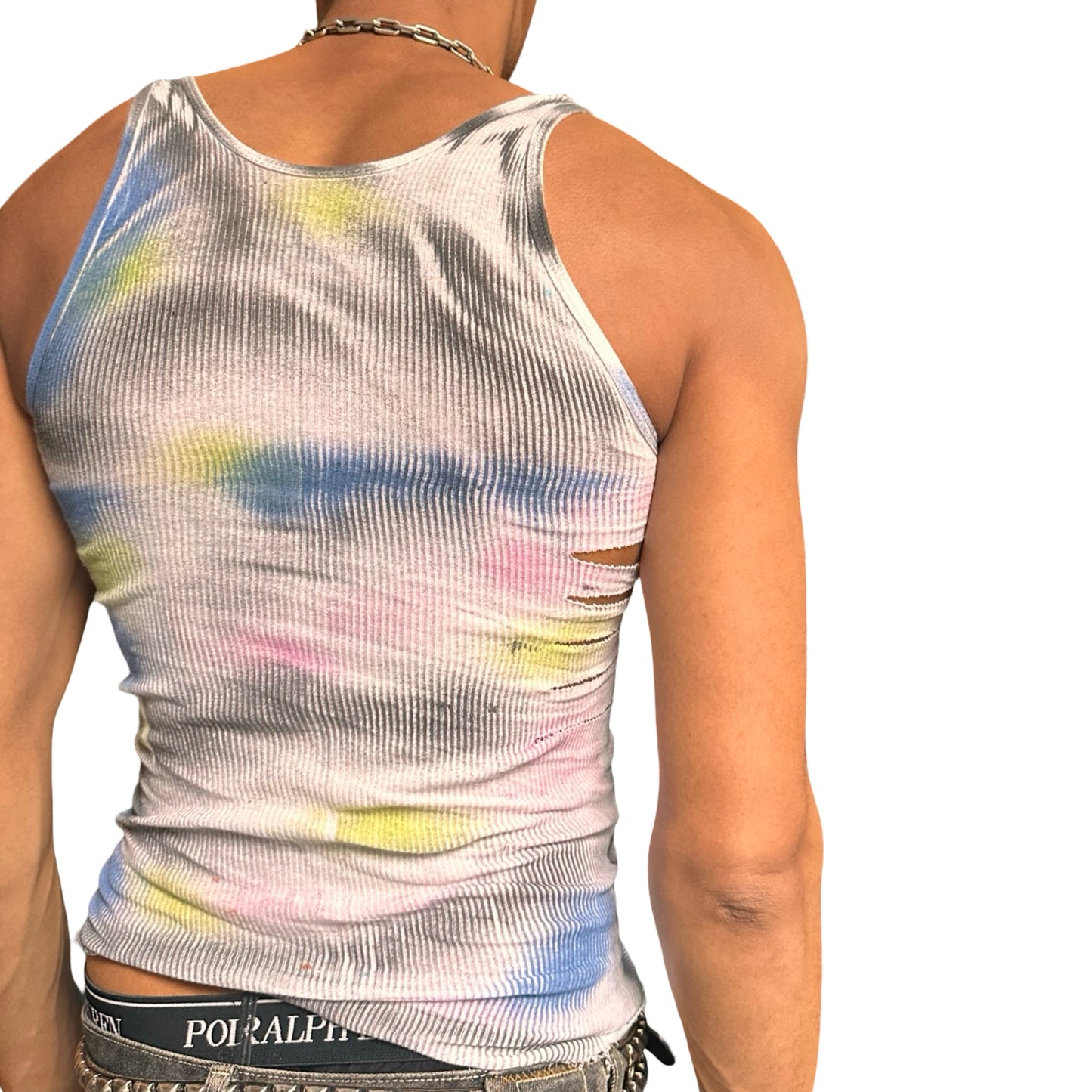 ASTROBOI* x Hanes 'HEAVEN' White Ribbed Pink/Yellow/Black/Blue Graphic Print Tank Top – back
