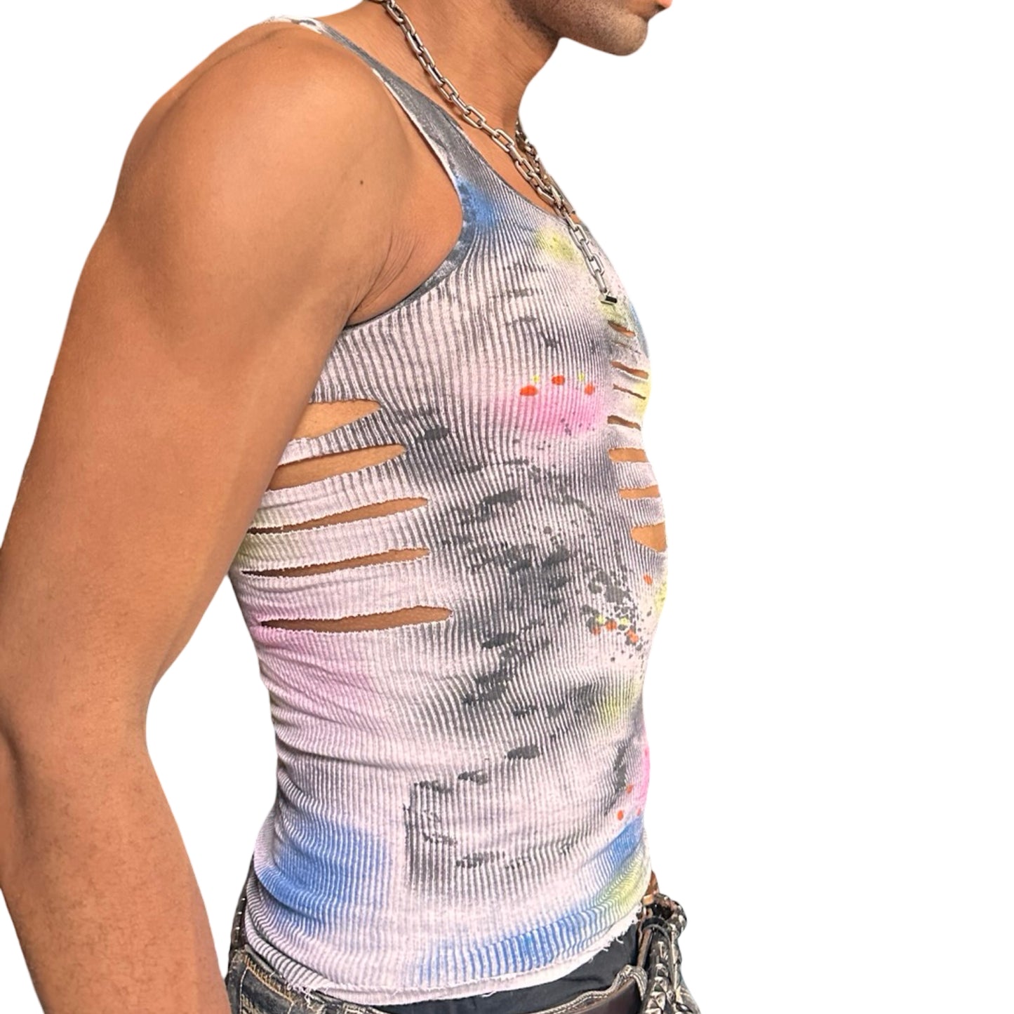 ASTROBOI* x Hanes 'HEAVEN' White Ribbed Pink/Yellow/Black/Blue Graphic Print Tank Top – right