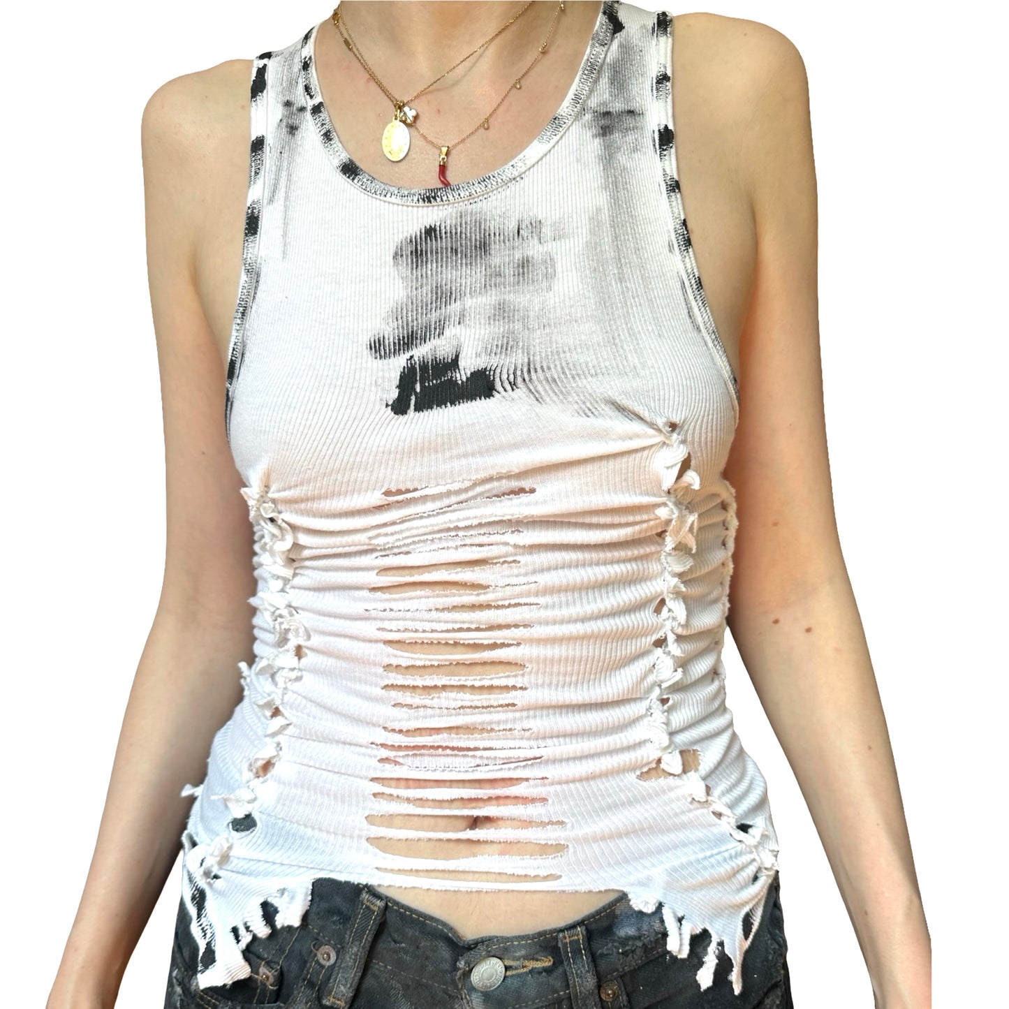 ASTROBOI* 'Smudge' White & Black Painted Braided Twist Tank Top – front