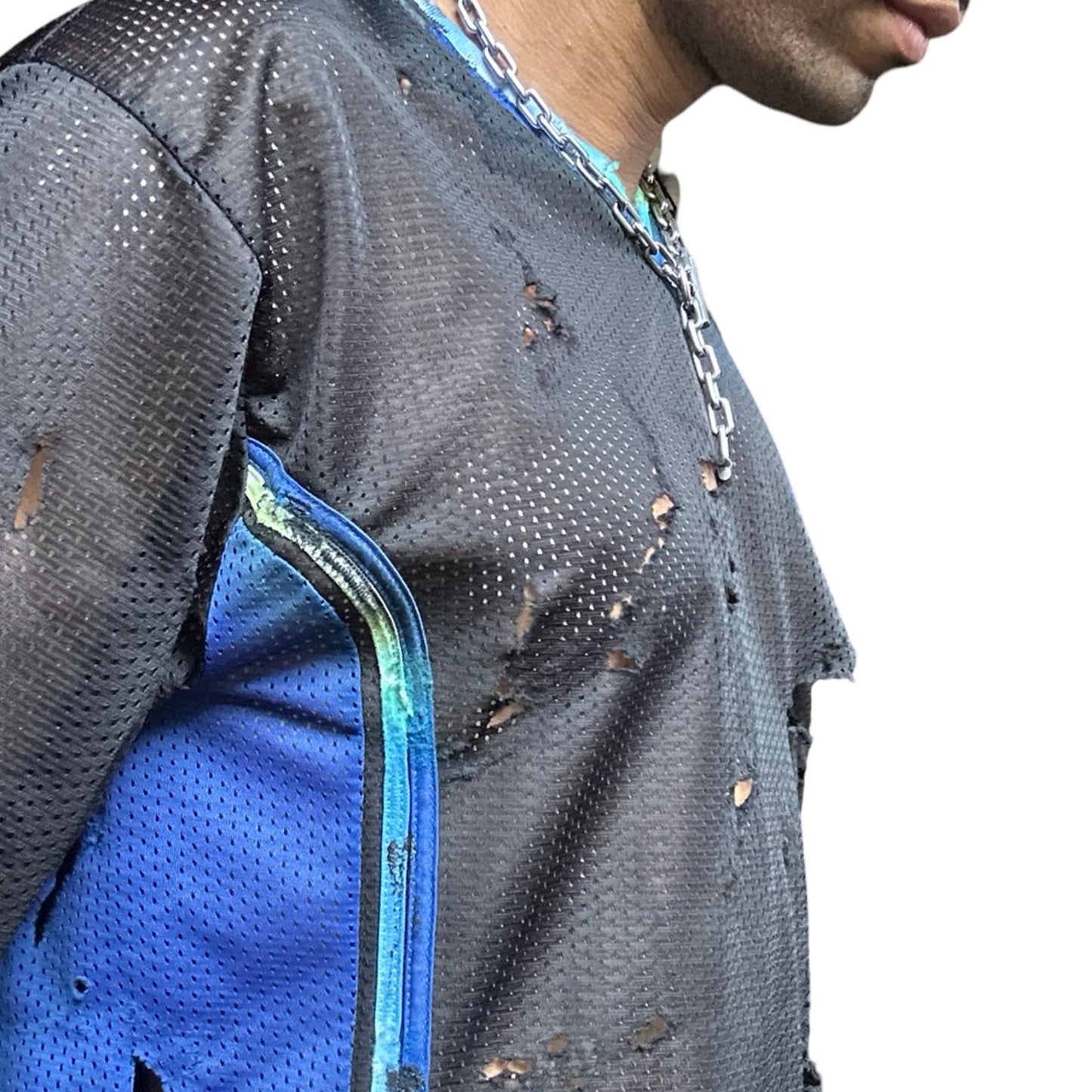 ASTROBOI* XXL Black & Blue Distressed Mesh Grunge Jersey - right close up