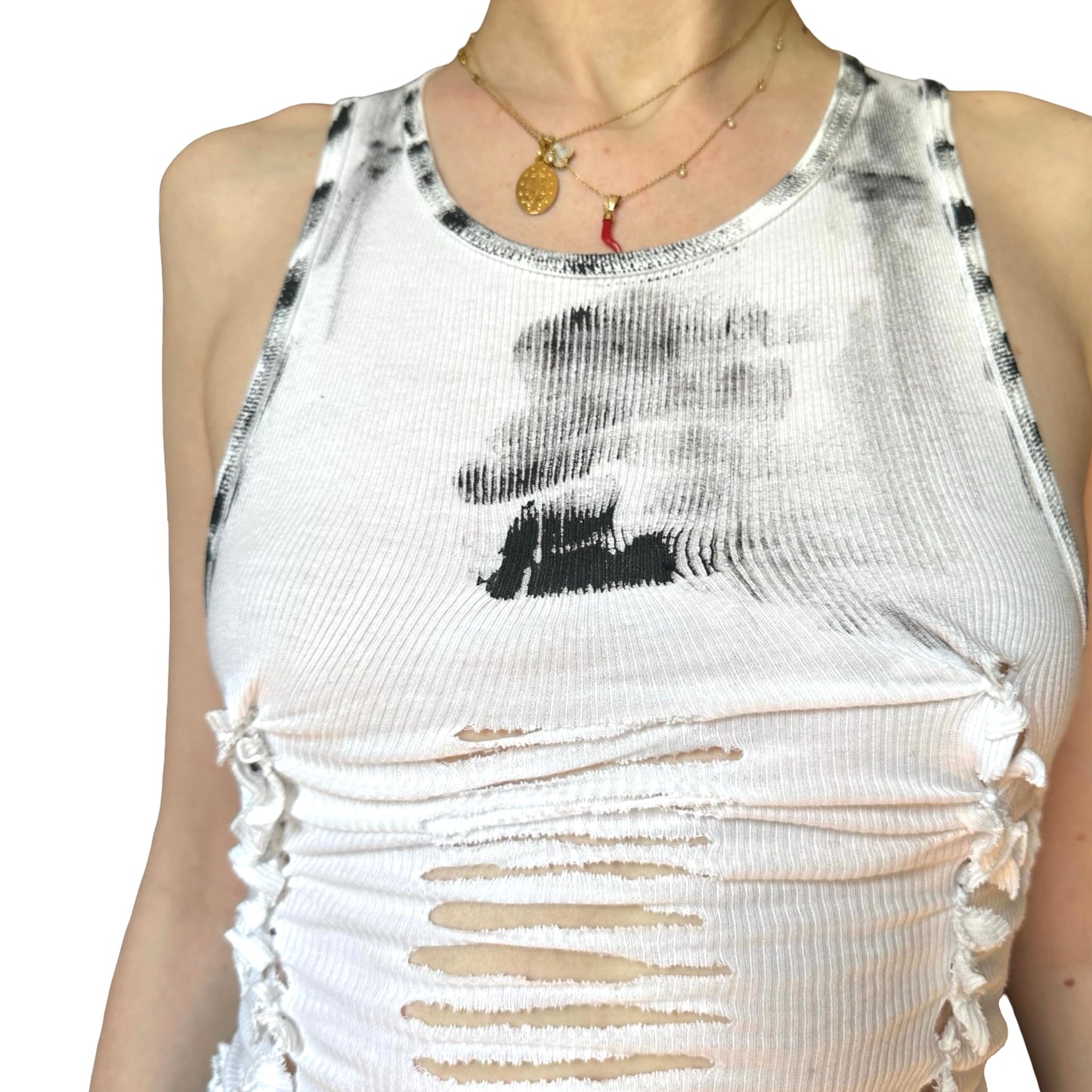 ASTROBOI* 'Smudge' White & Black Painted Braided Twist Tank Top – front detail