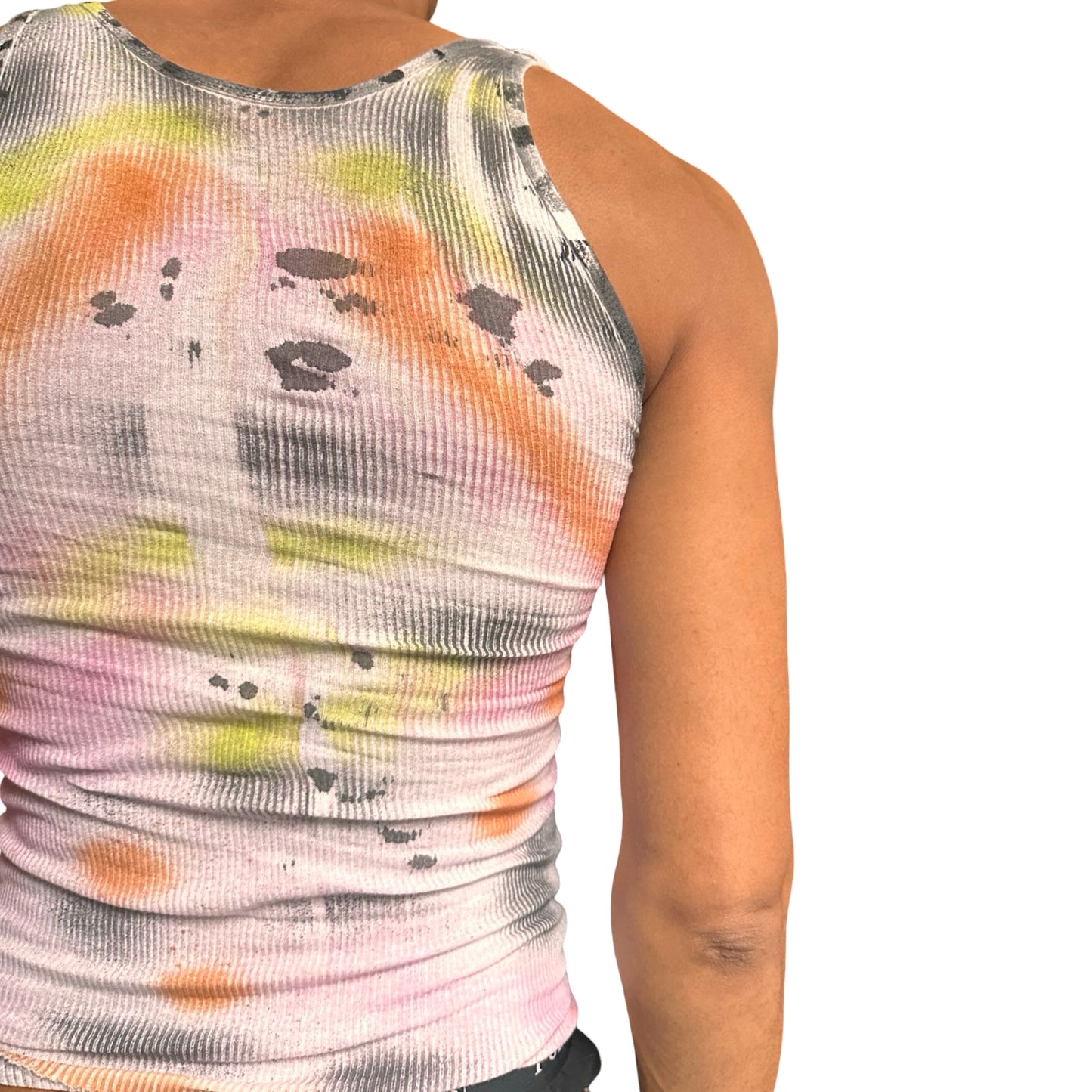 Tank top with abstract multicolor design on a white background