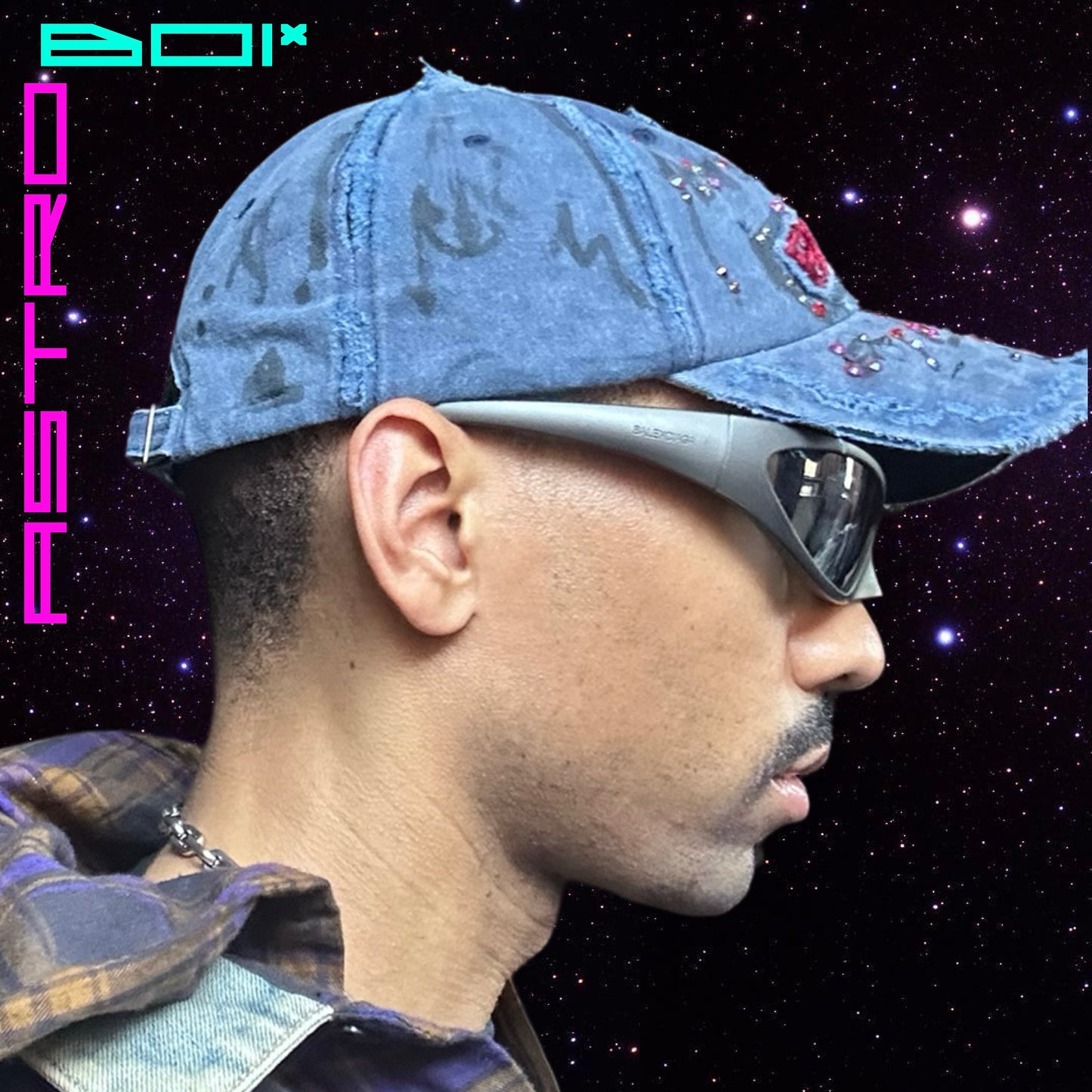 ASTROBOI* 'Lights of Paris' Blue Rhinestone Baseball Graffiti Hat