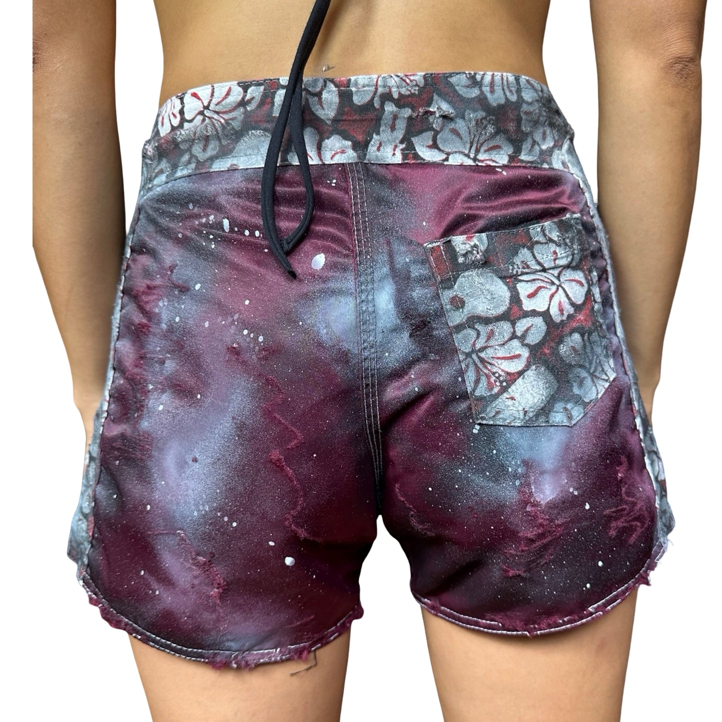 ASTROBOI* Y2K Women's Maroon Hibiscus Nylon Grunge Board Shorts – back