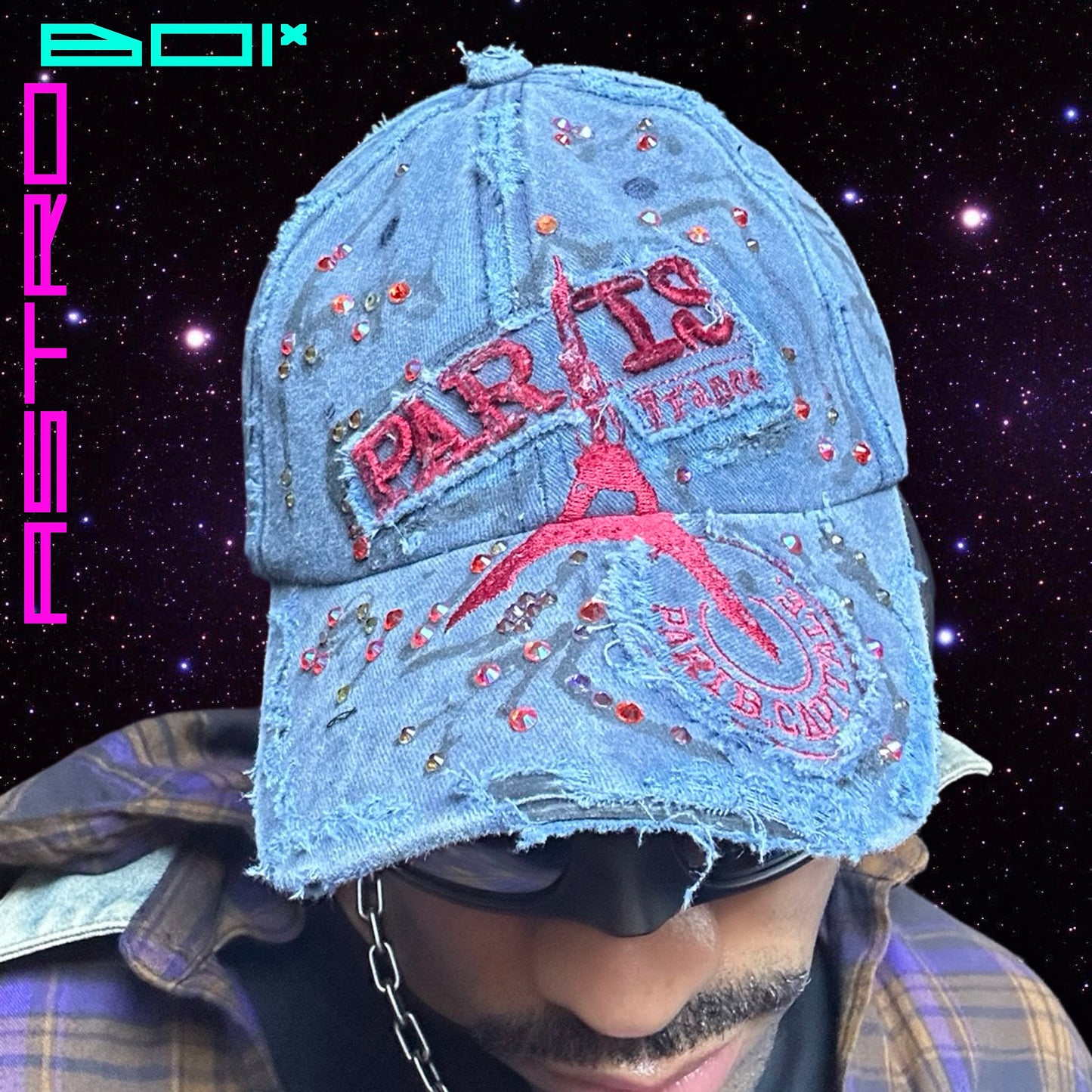 ASTROBOI* 'Lights of Paris' Blue Rhinestone Baseball Graffiti Hat