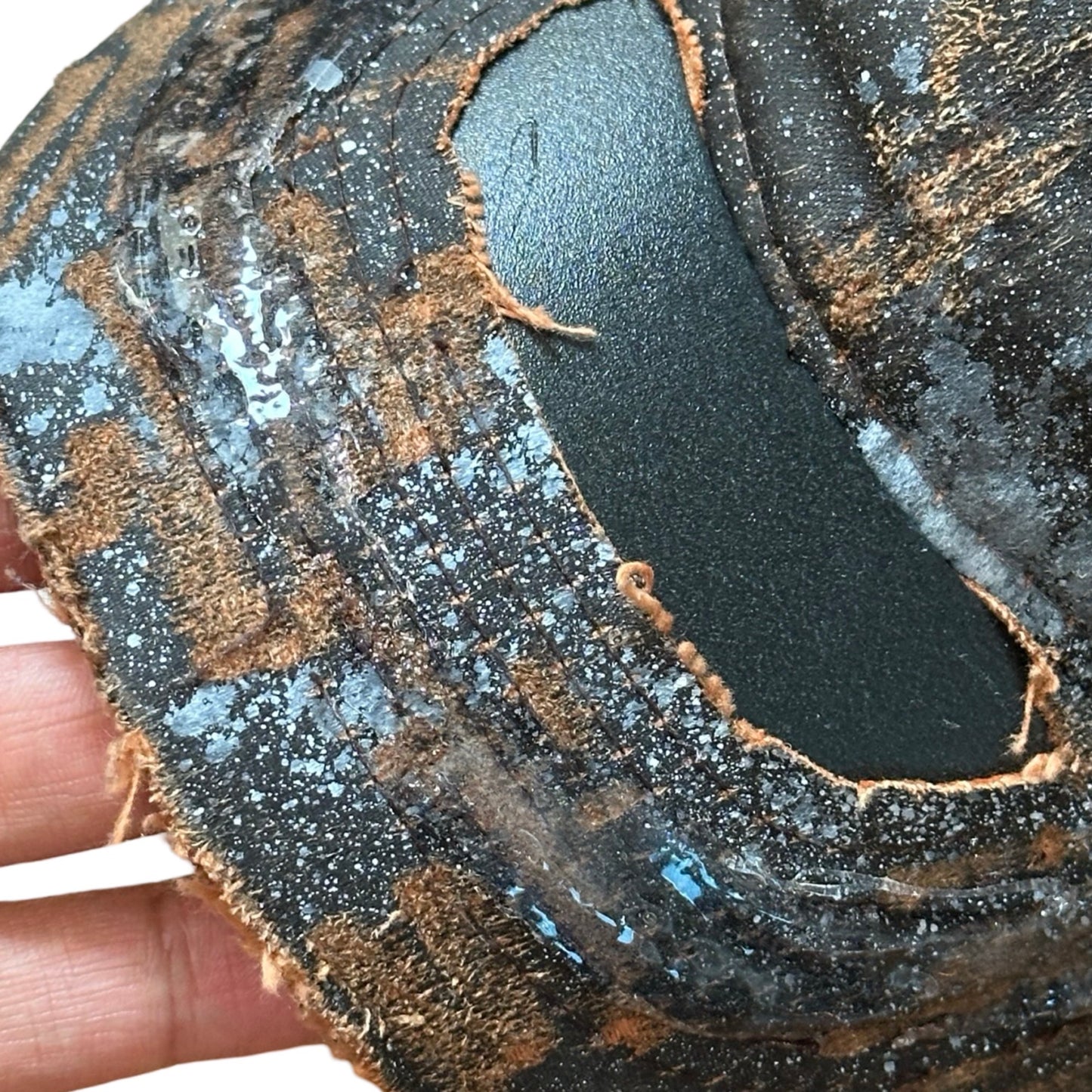 ASTROBOI* Paint Splatter & Pierced Brown Leather Resin Hat , flat top center