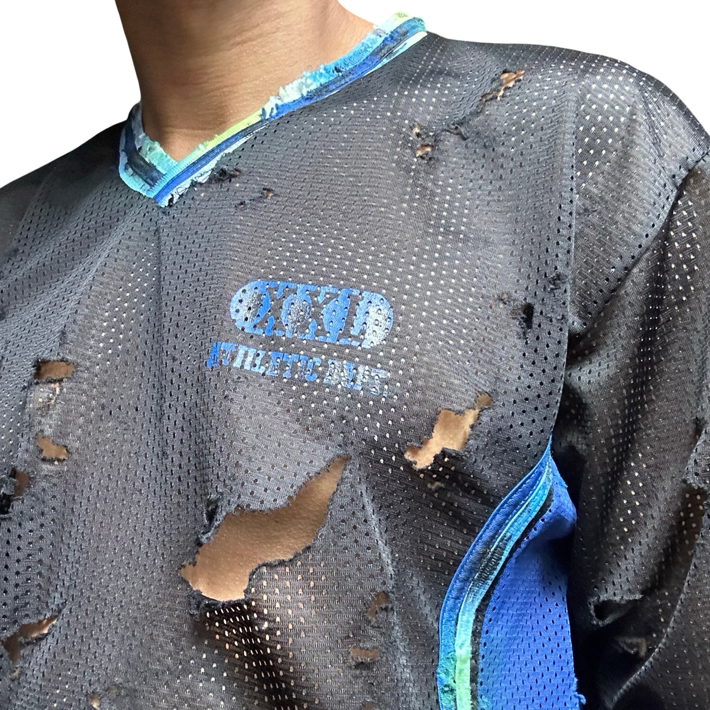 ASTROBOI* XXL Black & Blue Distressed Mesh Grunge Jersey - chest