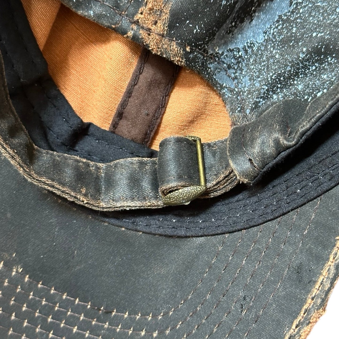 ASTROBOI* Paint Splatter & Pierced Brown Leather Resin Hat , flat back close up