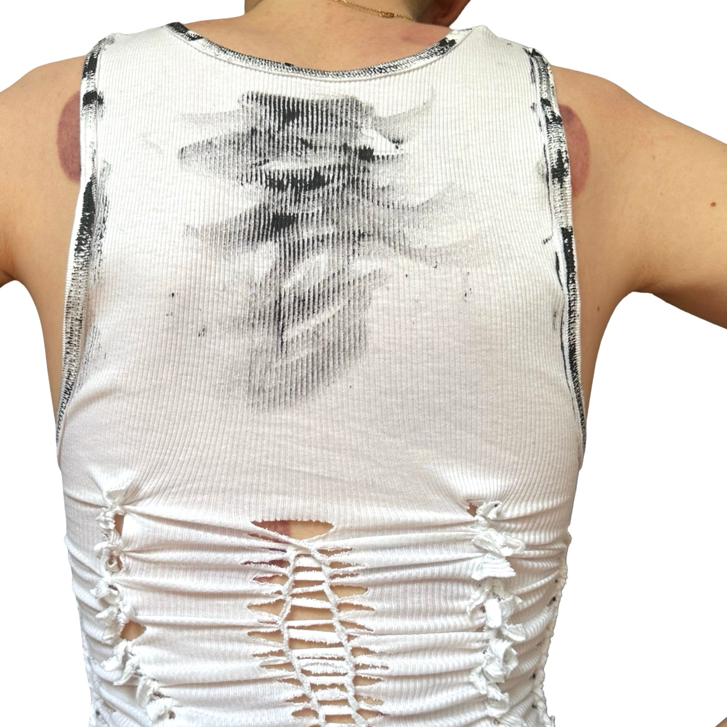 ASTROBOI* 'Smudge' White & Black Painted Braided Twist Tank Top – back detail