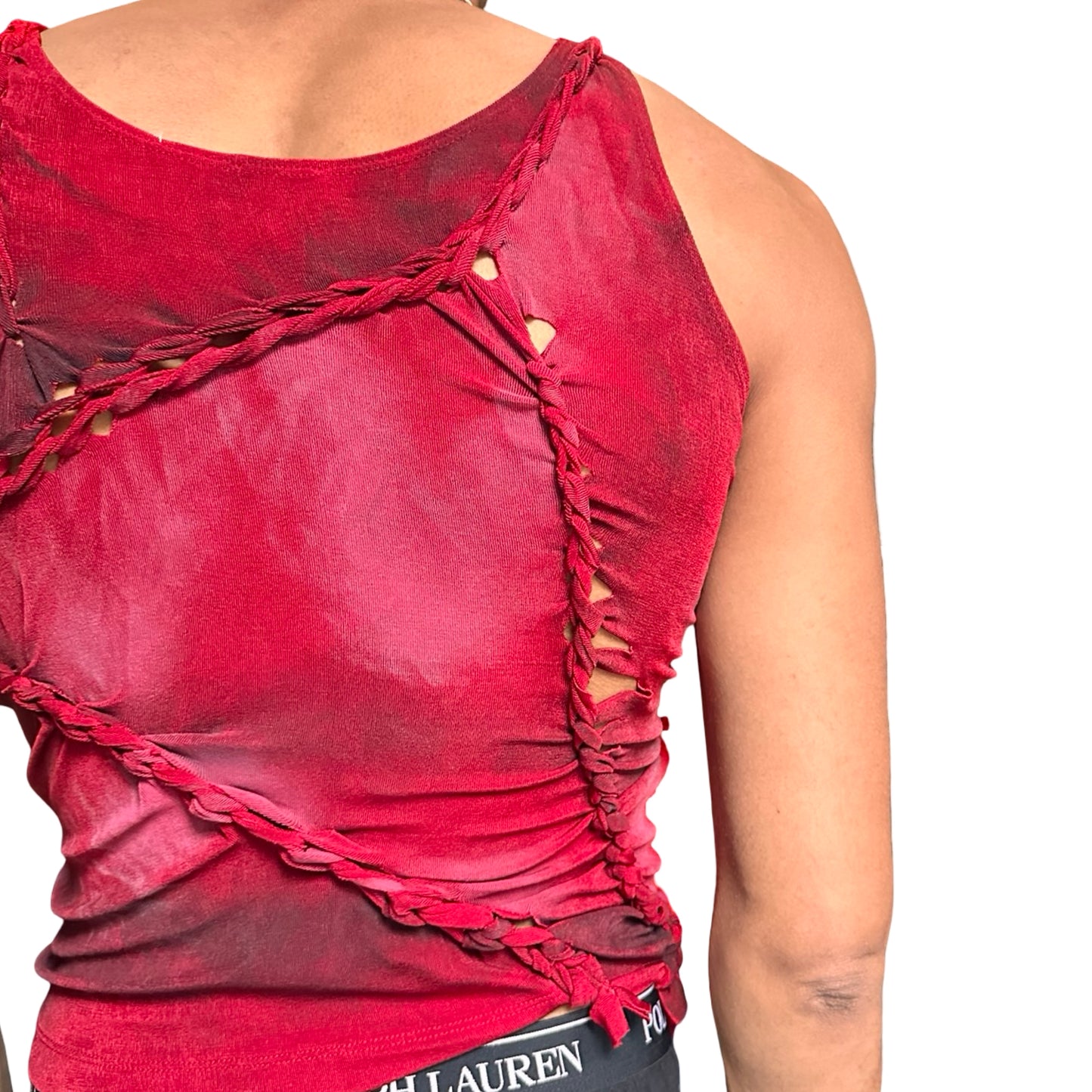 Red braided and knotted festival sleeveless tank top - back