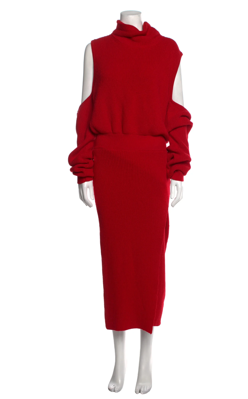 BRANDON MAXWELL RED KNIT COLD SHOULDER DRESS