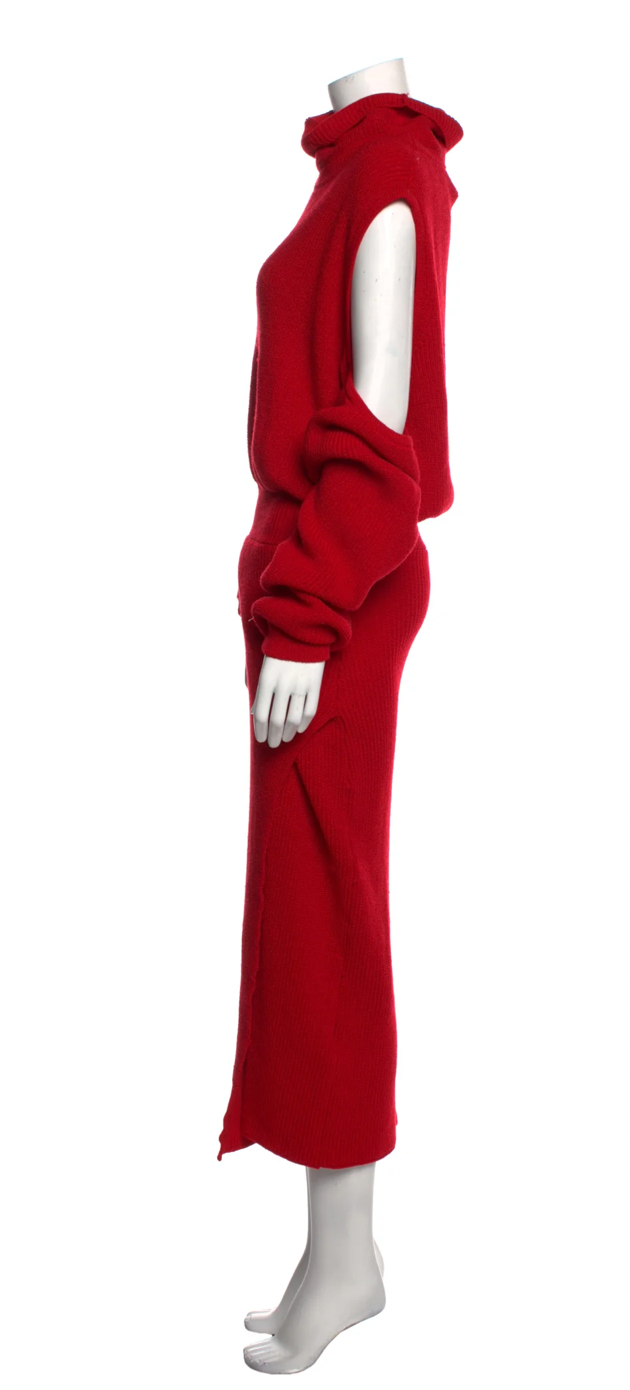 BRANDON MAXWELL RED KNIT COLD SHOULDER DRESS