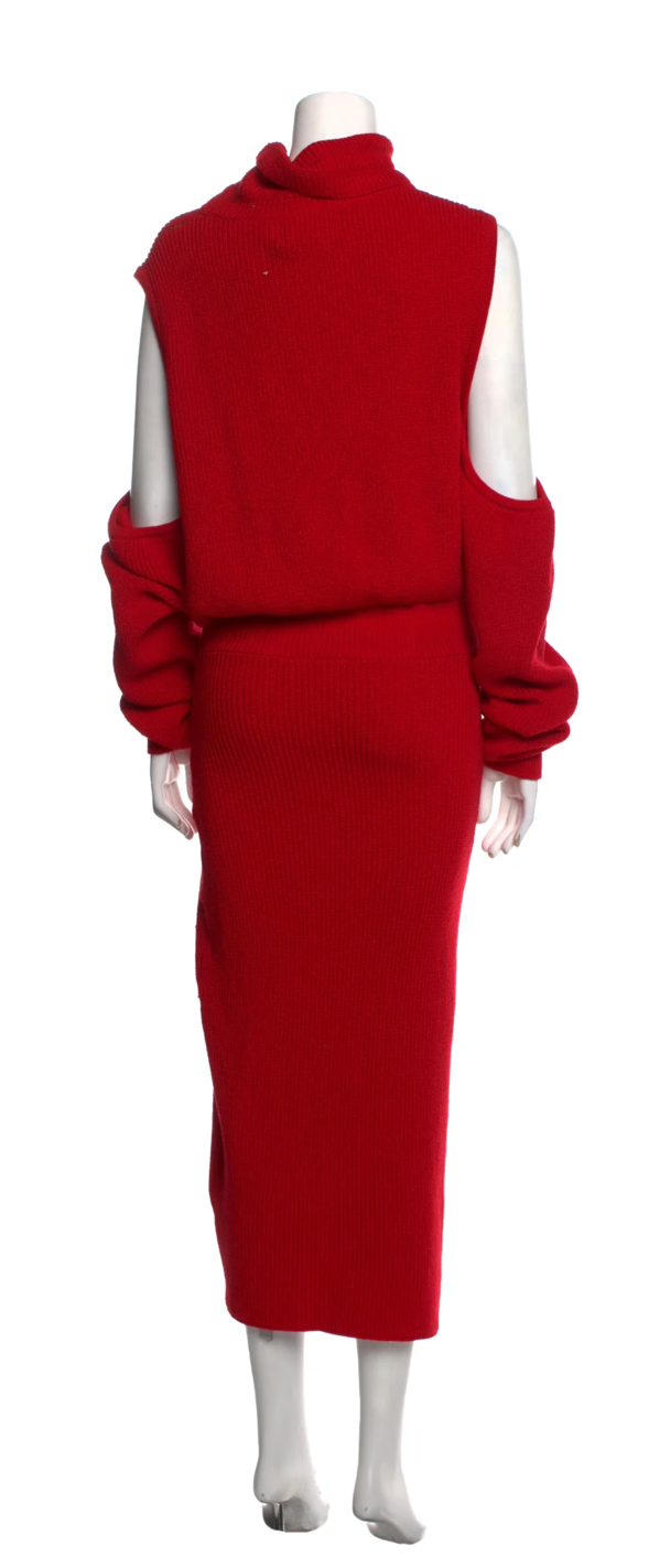 BRANDON MAXWELL RED KNIT COLD SHOULDER DRESS
