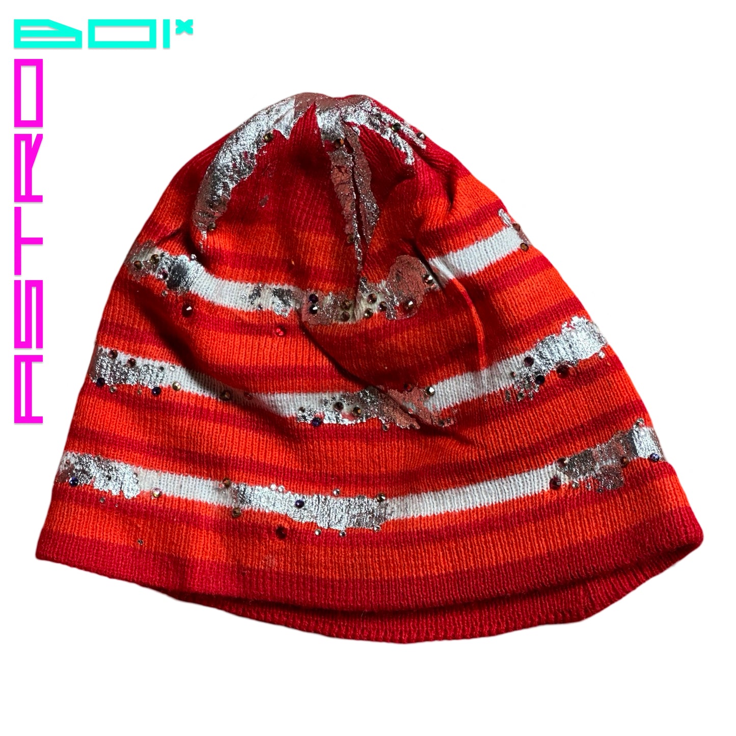 ASTROBOI* 'SOLAR' ORANGE STRIPED RHINESTONE BEANIE