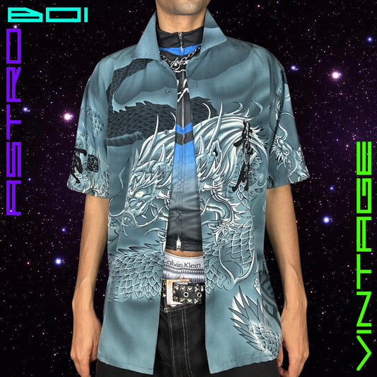 VINTAGE Y2K DRAGON SWORD BUTTON UP _ BLUE