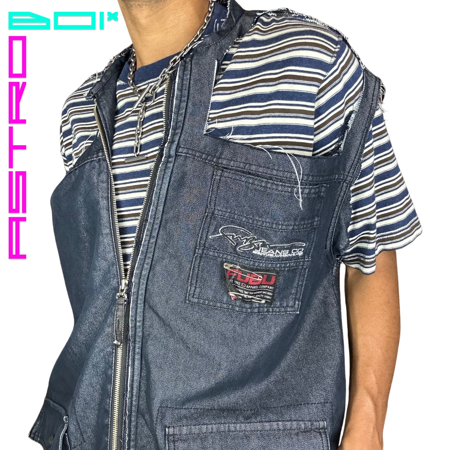 ASTROBOI* CUSTOMIZED FUBU DECONSTRUCTED DENIM VEST_ XL