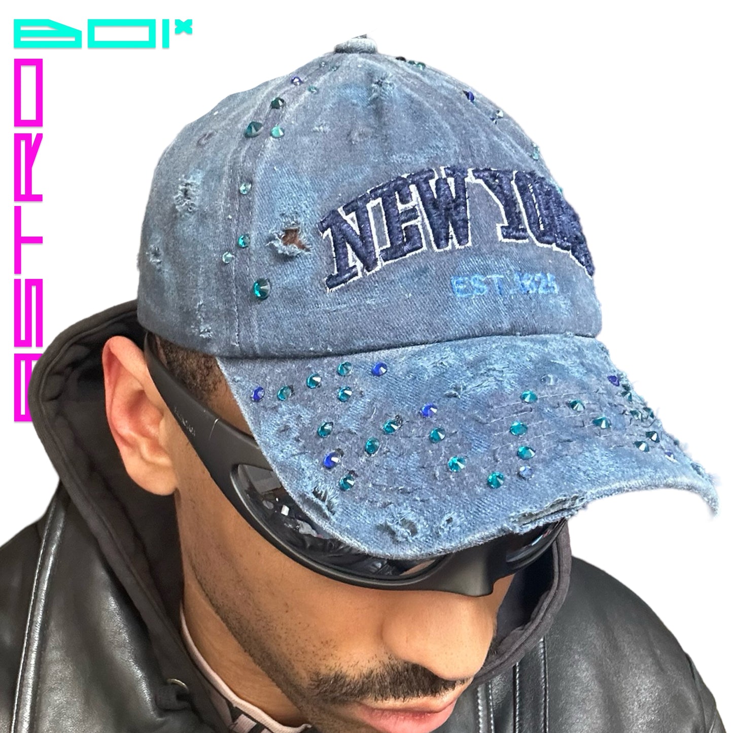 ASTROBOI* NEW YORK DISTRESSED BLUE RHINESTONE CAP