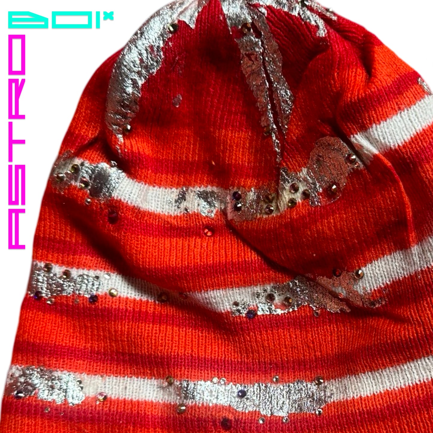 ASTROBOI* 'SOLAR' ORANGE STRIPED RHINESTONE BEANIE