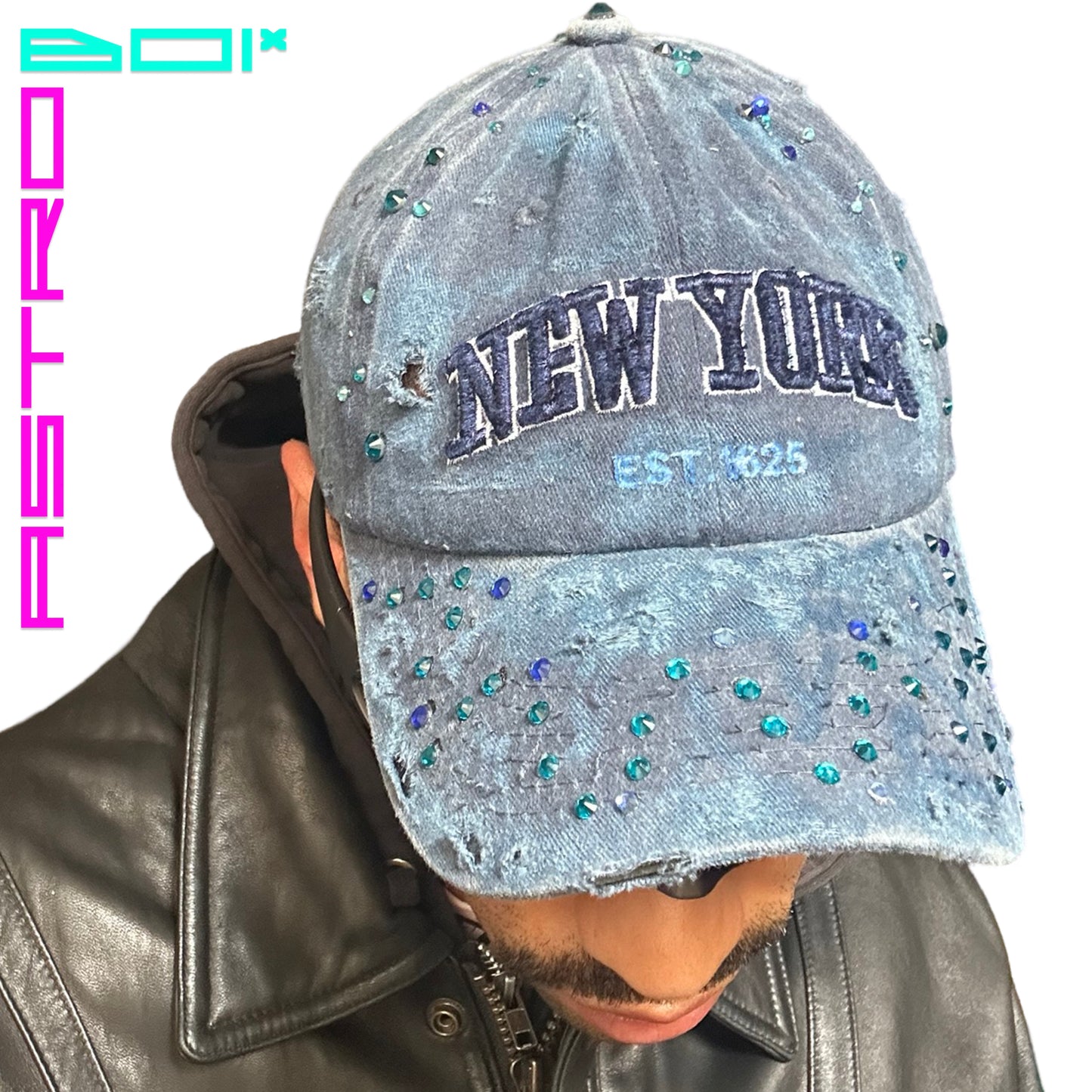 ASTROBOI* NEW YORK DISTRESSED BLUE RHINESTONE CAP