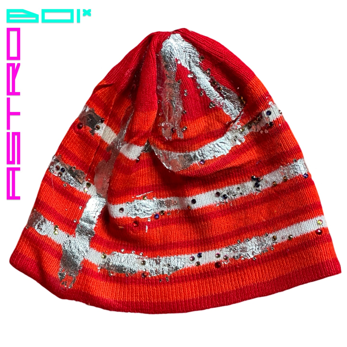 ASTROBOI* 'SOLAR' ORANGE STRIPED RHINESTONE BEANIE