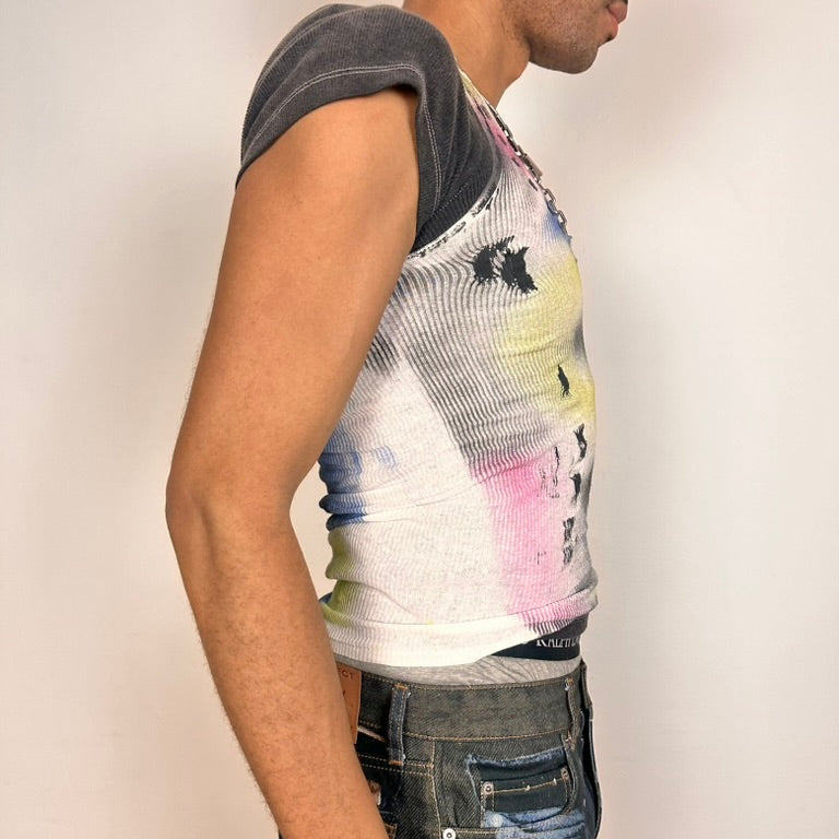 'Lime Lite' White Ribbed Multicolored Graphic Tank Top – Small