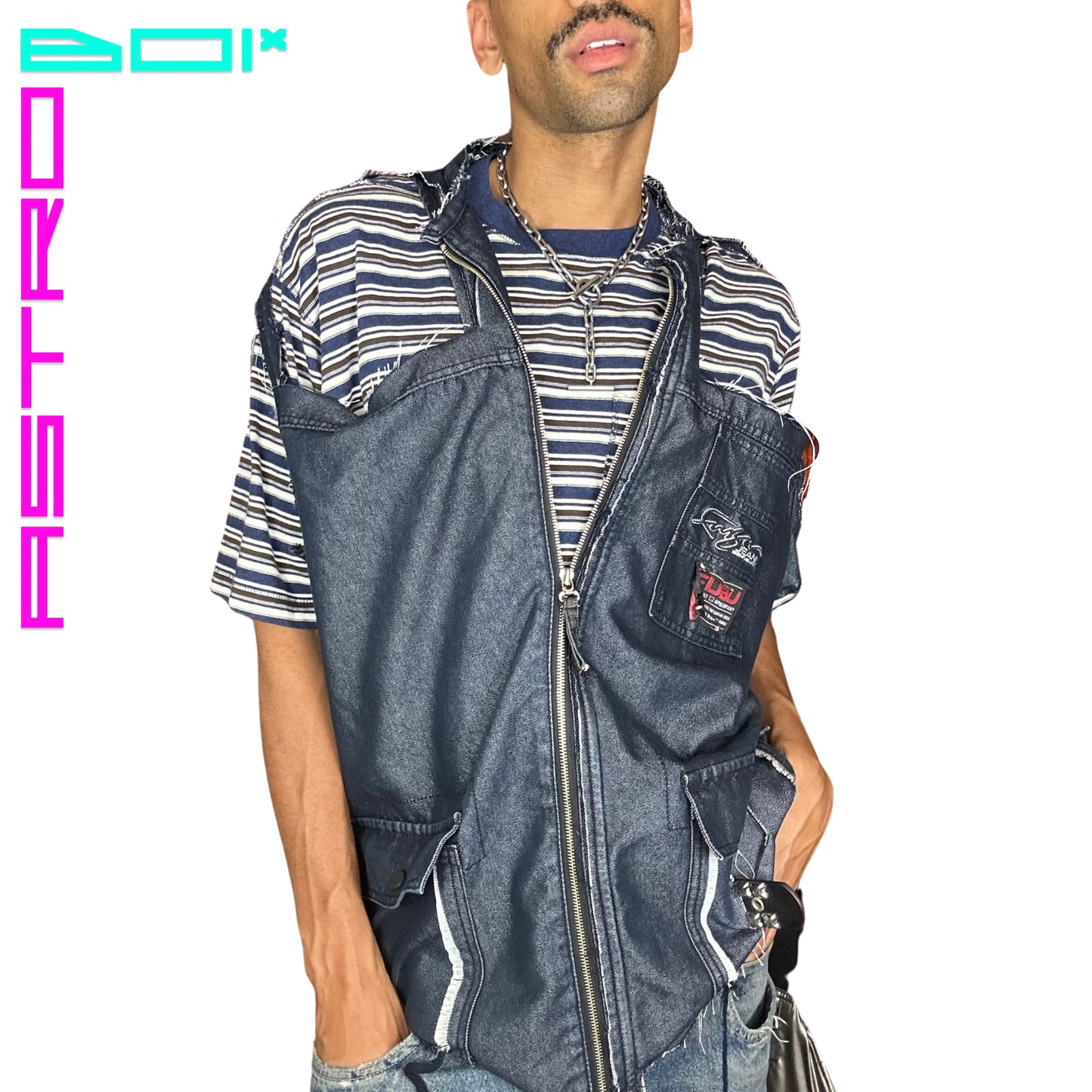 ASTROBOI* CUSTOMIZED FUBU DECONSTRUCTED DENIM VEST_ XL