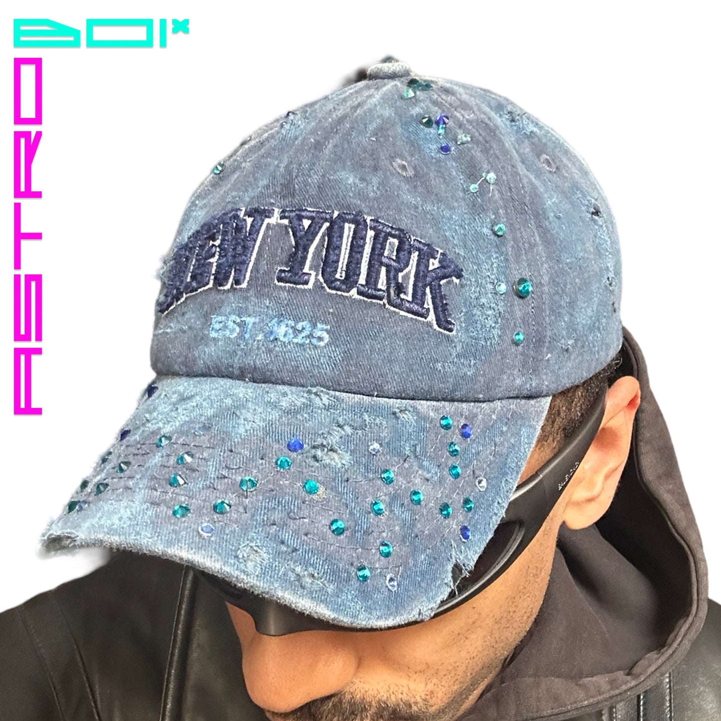 ASTROBOI* NEW YORK DISTRESSED BLUE RHINESTONE CAP