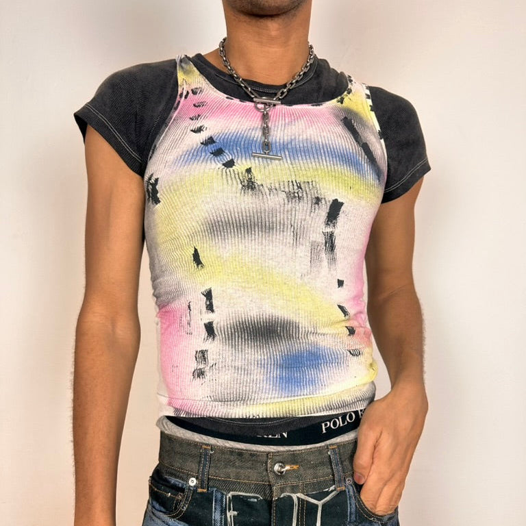 'Lime Lite' White Ribbed Multicolored Graphic Tank Top – Small