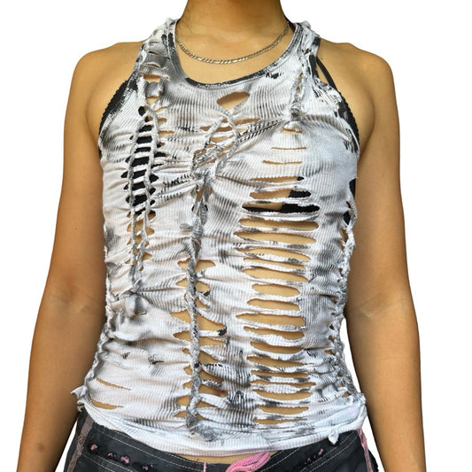 ASTROBOI* 'Smudge' White &amp; Black Painted Braided Twist Tank Top – front 