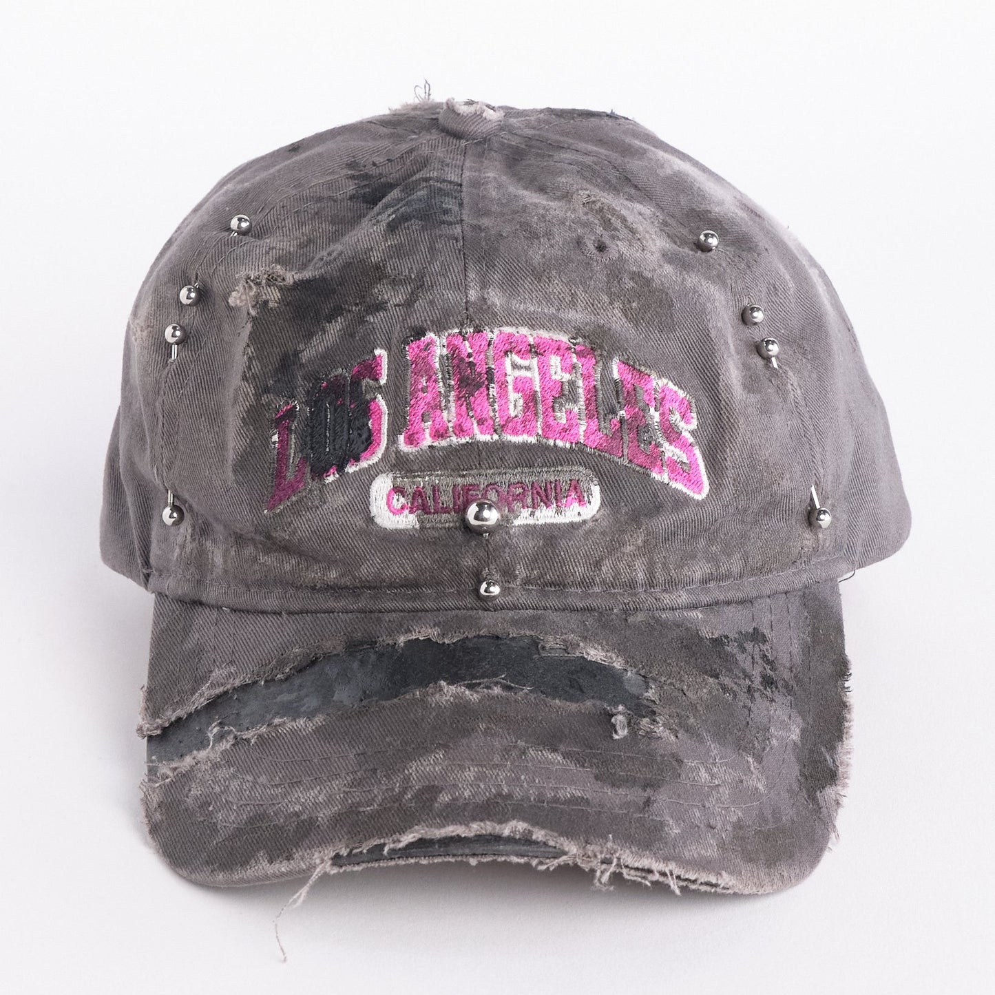 ‘Los Angeles’ Grey & Pink Distressed Pierced Hat