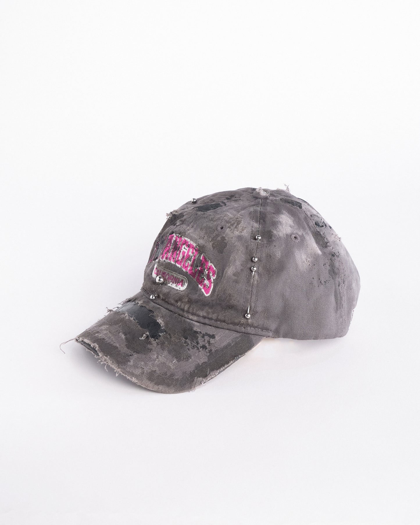 ‘Los Angeles’ Grey & Pink Distressed Pierced Hat